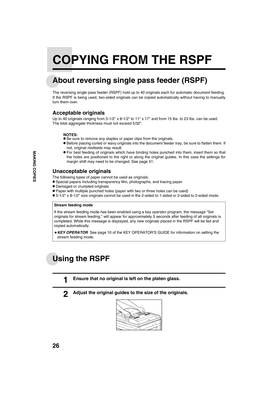 Sharp AR-M208 Copying from the Rspf, About reversing single pass feeder Rspf, Using the Rspf, Acceptable originals 