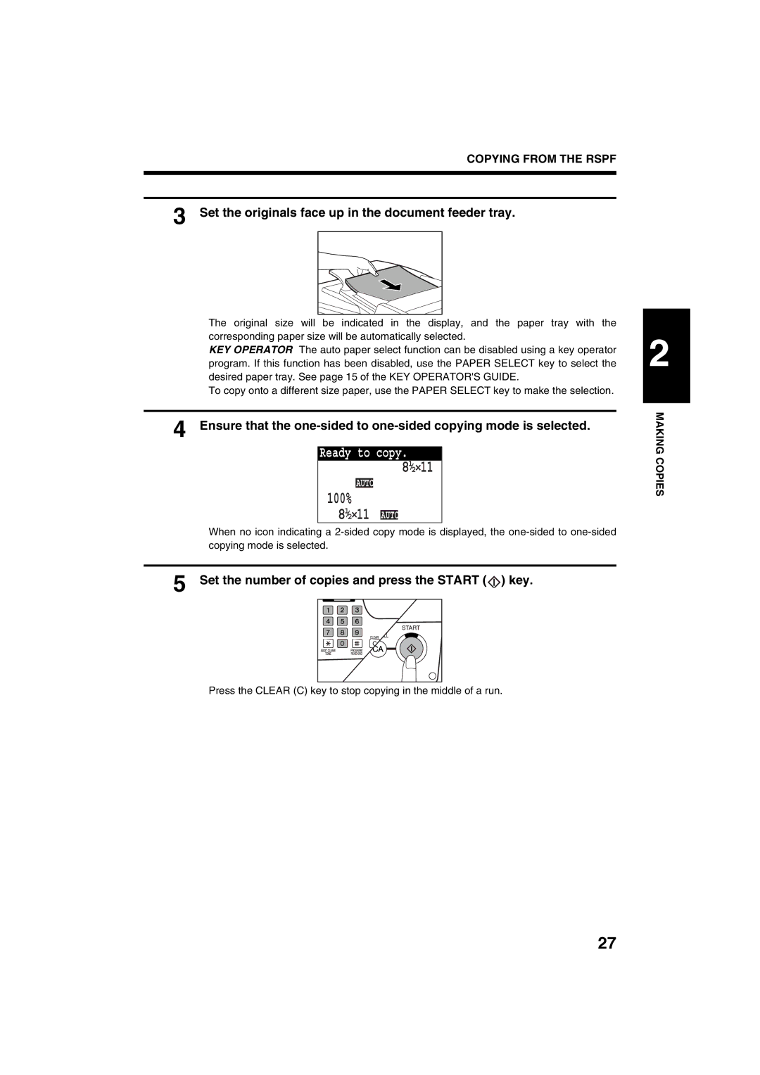 Sharp AR-M208 Set the originals face up in the document feeder tray, Set the number of copies and press the Start key 