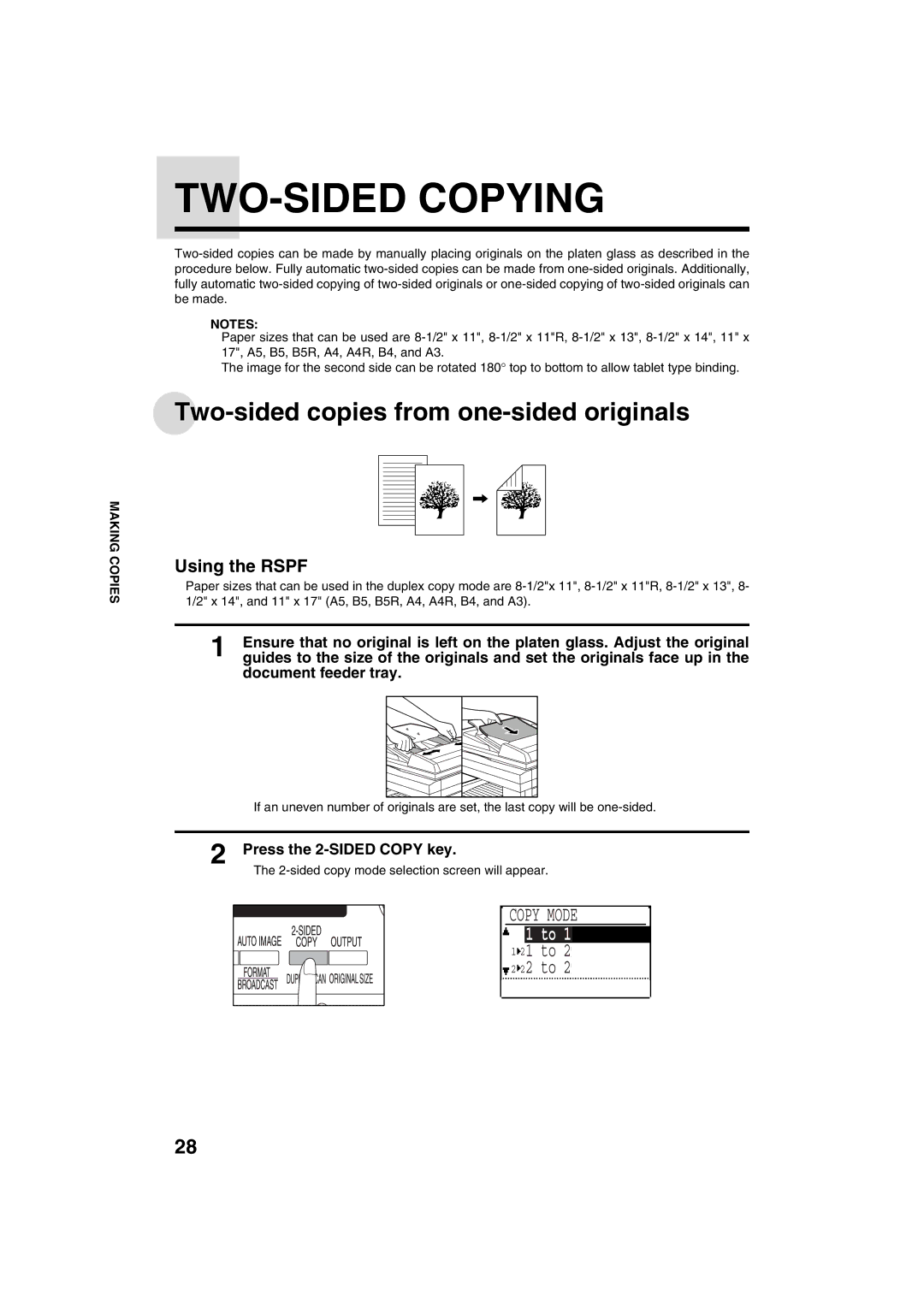 Sharp AR-M208 operation manual TWO-SIDED Copying, Two-sided copies from one-sided originals, Copy Mode, Using the Rspf 