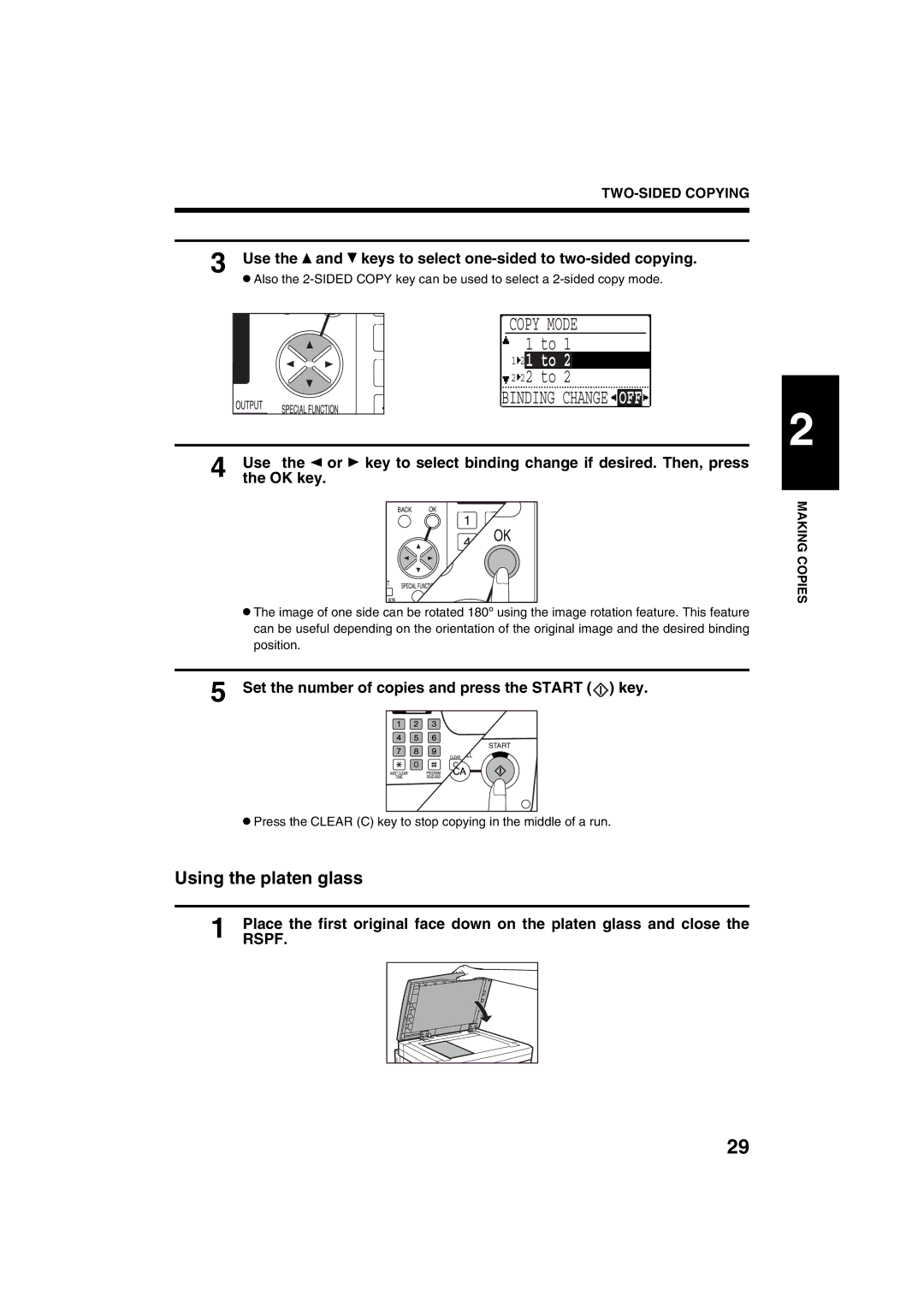 Sharp AR-M208 Binding Change OFF, Using the platen glass, Use the and keys to select one-sided to two-sided copying 