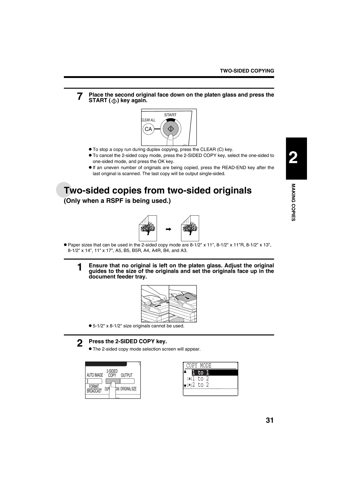 Sharp AR-M208 operation manual Two-sided copies from two-sided originals, Only when a Rspf is being used, Key again 