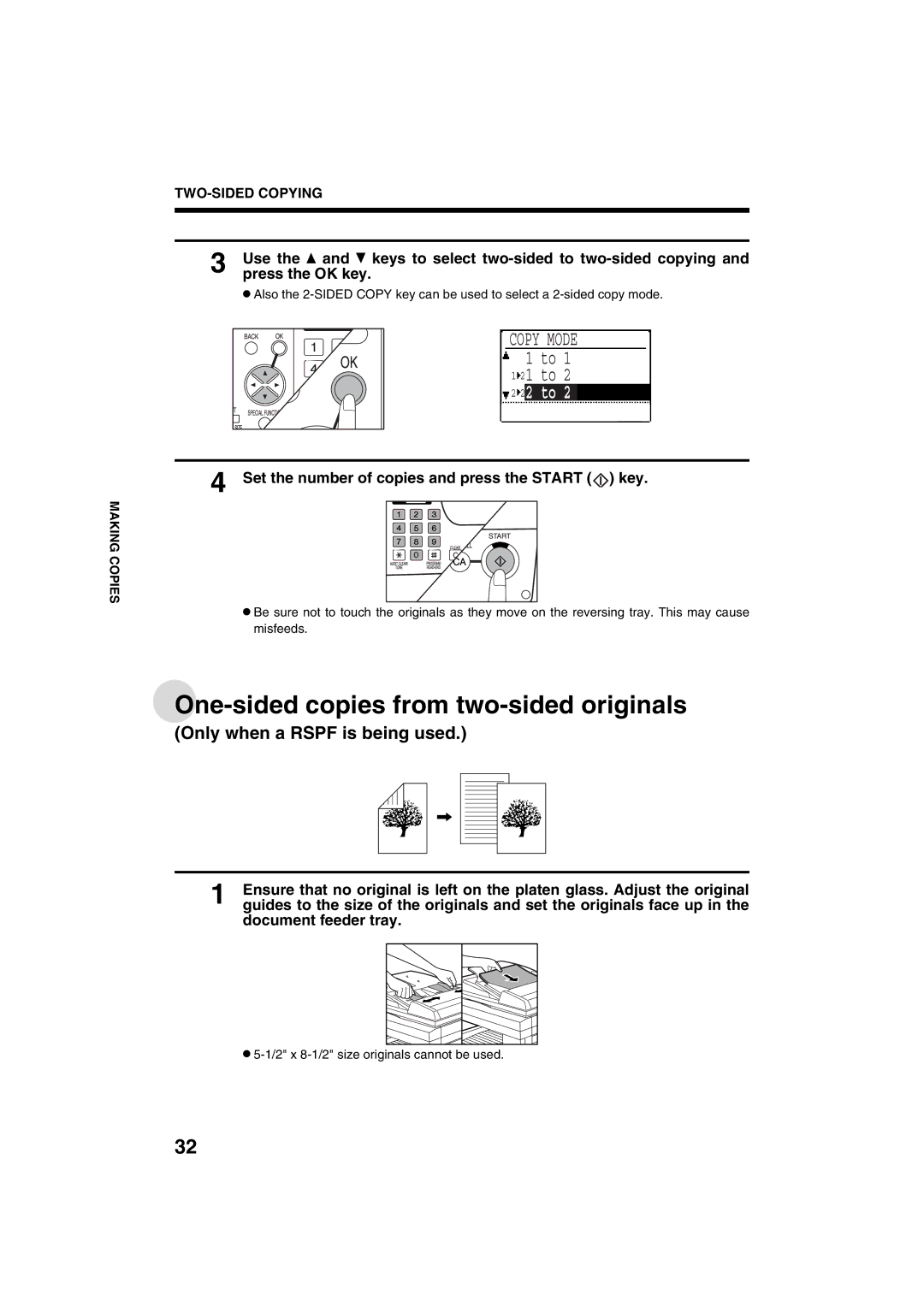 Sharp AR-M208 One-sided copies from two-sided originals, Use the and keys to select two-sided to two-sided copying 