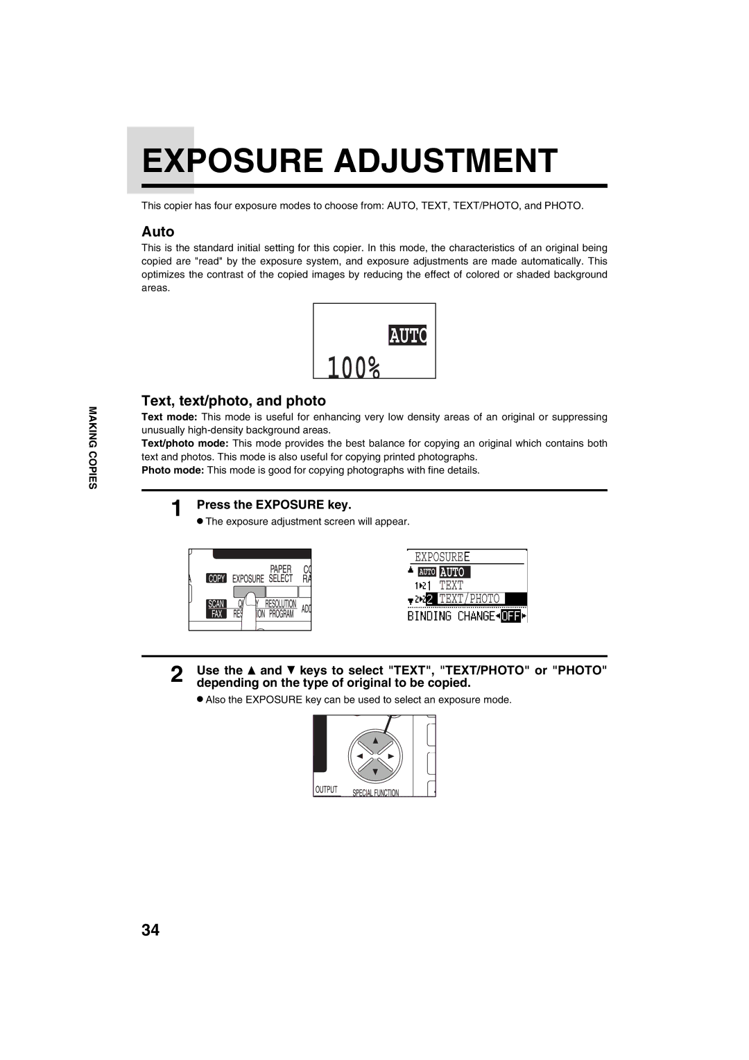 Sharp AR-M208 operation manual Exposure Adjustment, Auto, Text, text/photo, and photo, Press the Exposure key 