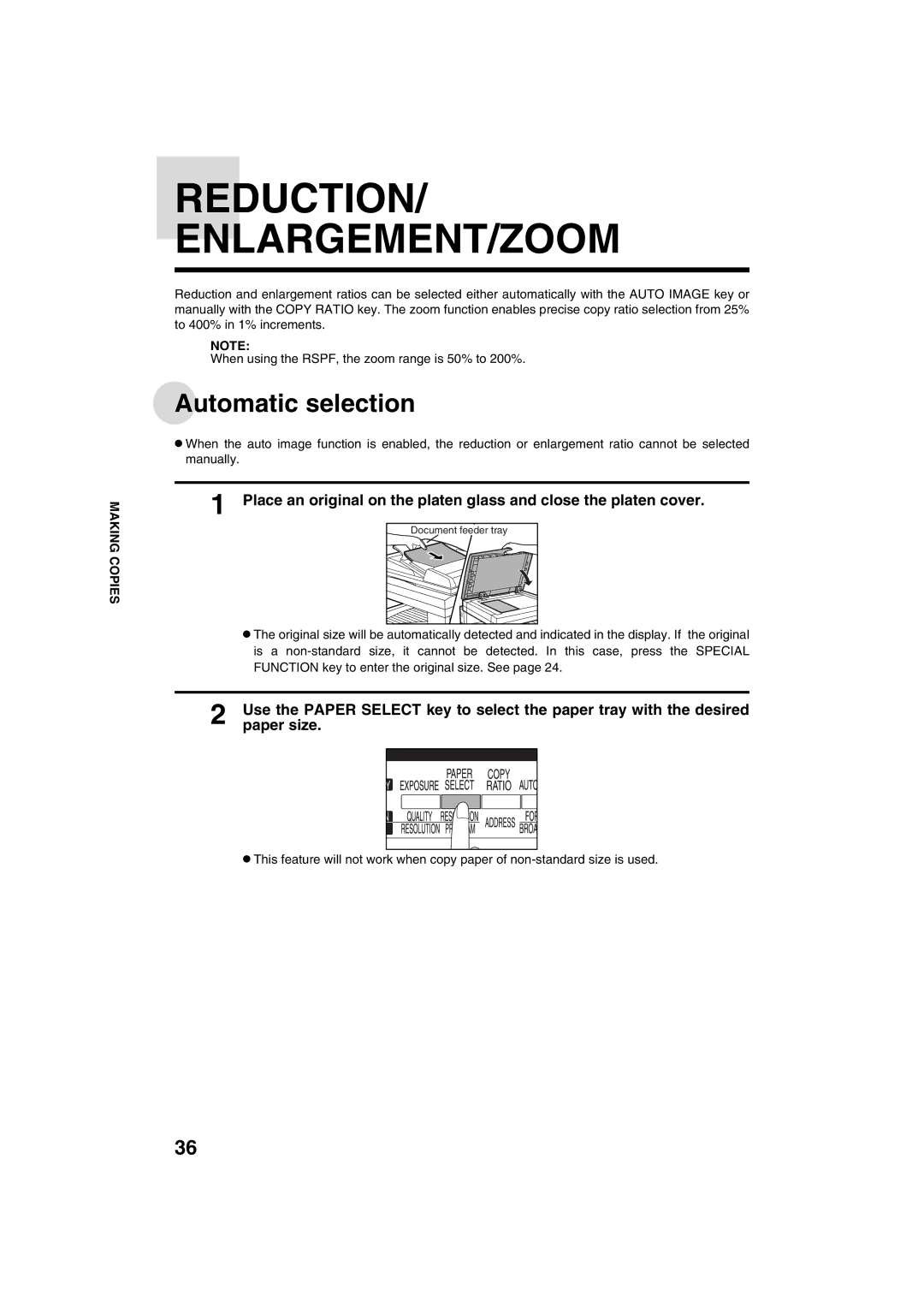 Sharp AR-M208 operation manual Reduction ENLARGEMENT/ZOOM, Automatic selection, Paper size 