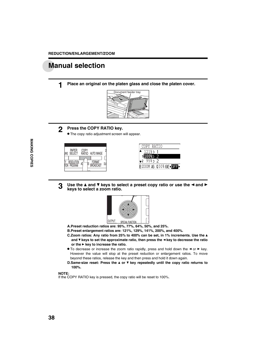 Sharp AR-M208 Manual selection, Press the Copy Ratio key, Use the and keys to select a preset copy ratio or use 