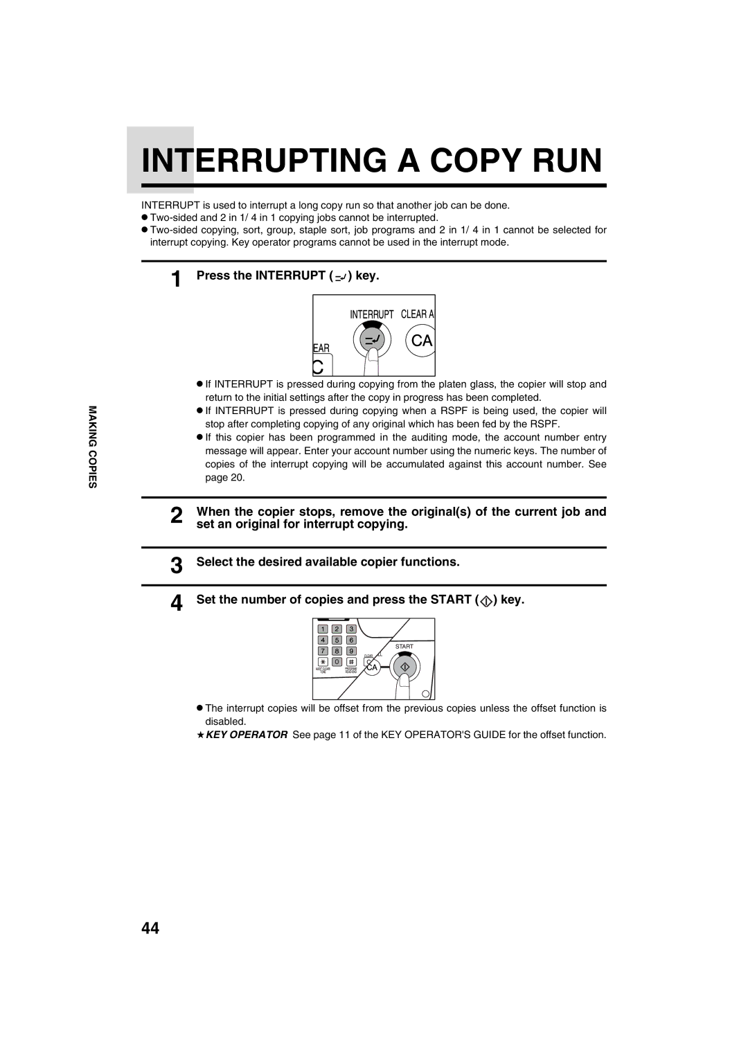 Sharp AR-M208 operation manual Interrupting a Copy RUN, Press the Interrupt key, Set an original for interrupt copying 