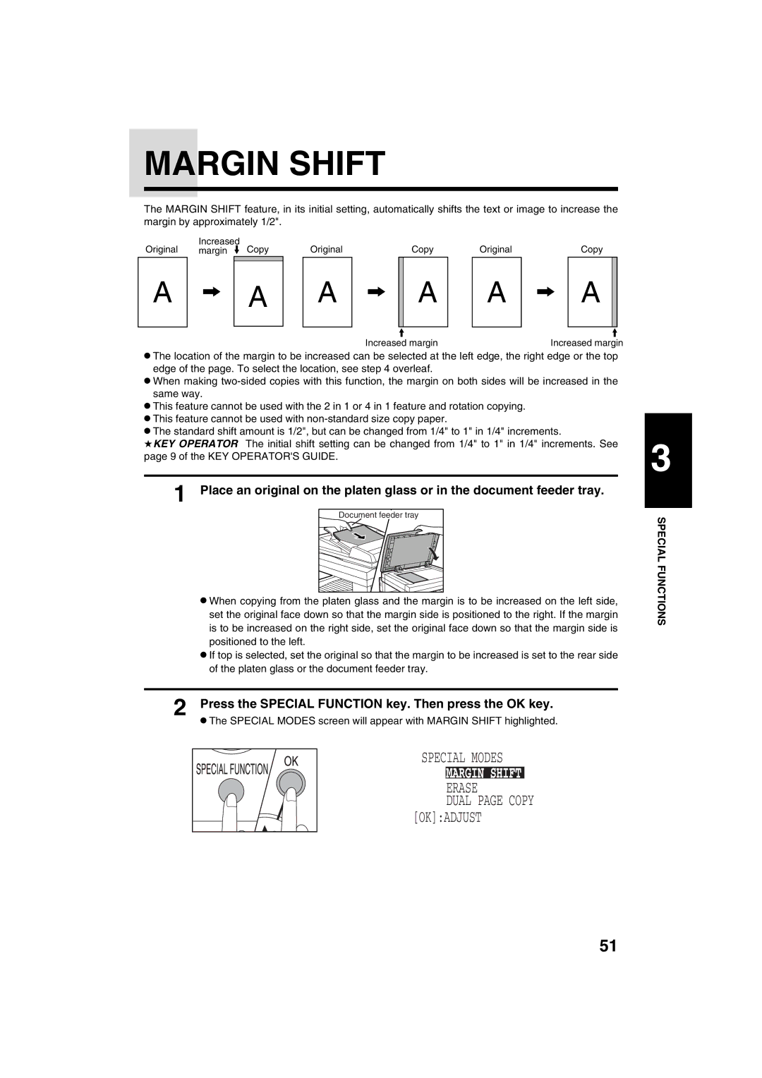 Sharp AR-M208 operation manual Margin Shift, Special Modes, Erase, Press the Special Function key. Then press the OK key 