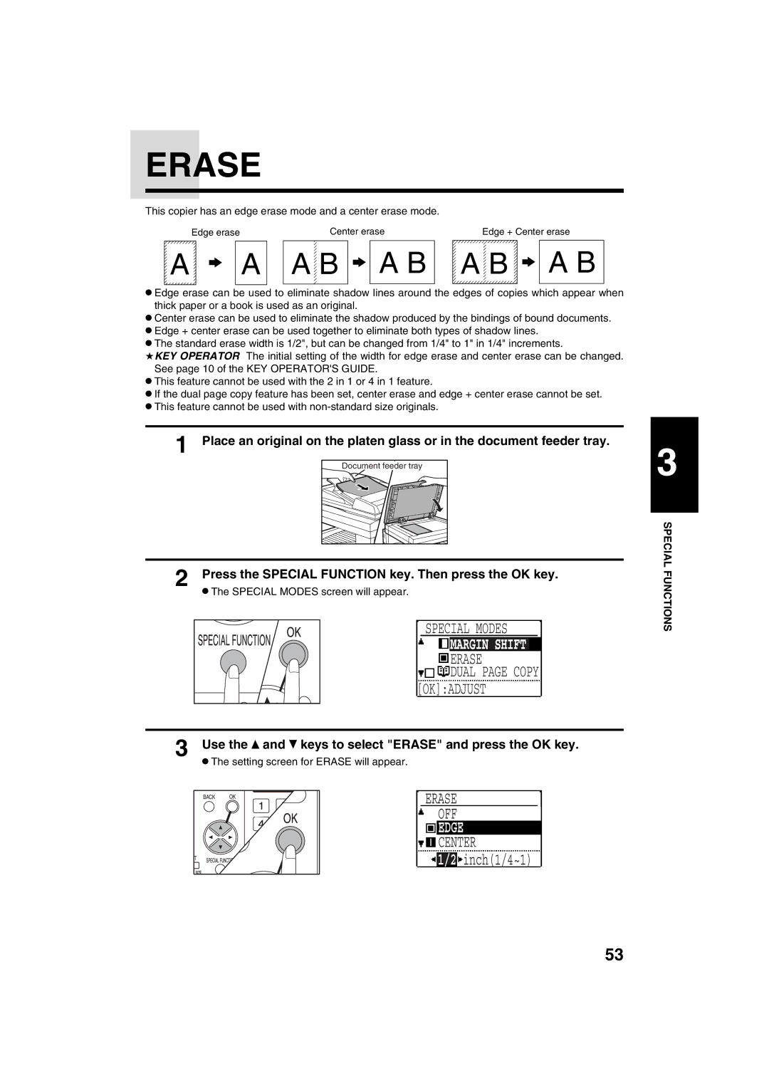 Sharp AR-M208 operation manual Erase OFF, Center, Use the and keys to select Erase and press the OK key 