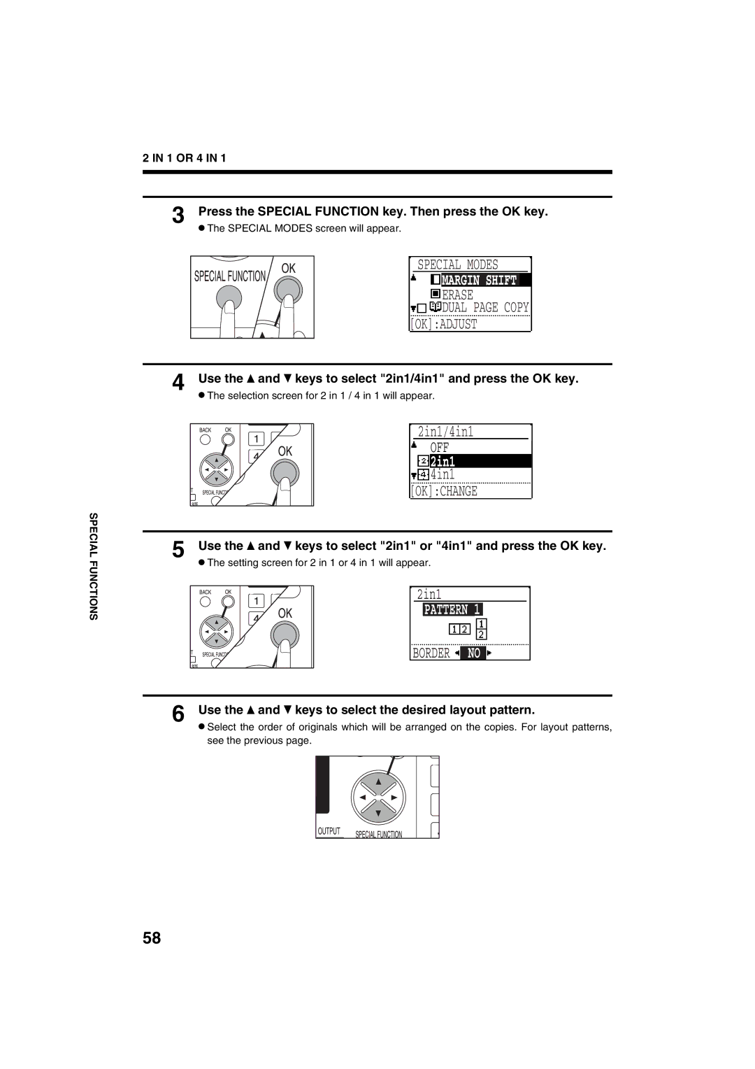 Sharp AR-M208 operation manual Okchange, Border no, Use the and keys to select 2in1/4in1 and press the OK key 