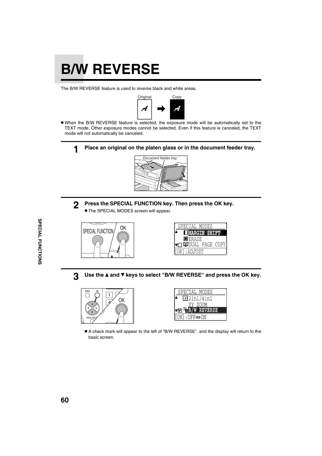 Sharp AR-M208 operation manual XY Zoom, Use the and keys to select B/W Reverse and press the OK key 