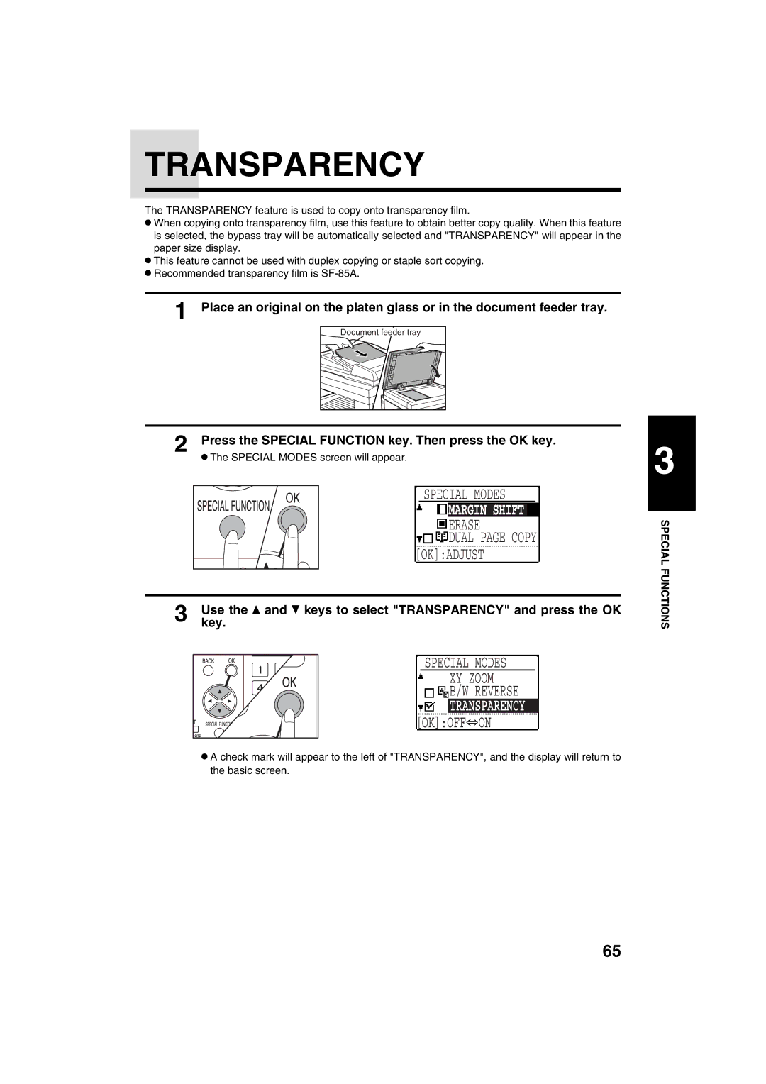 Sharp AR-M208 operation manual Transparency, Special Modes XY Zoom Reverse 