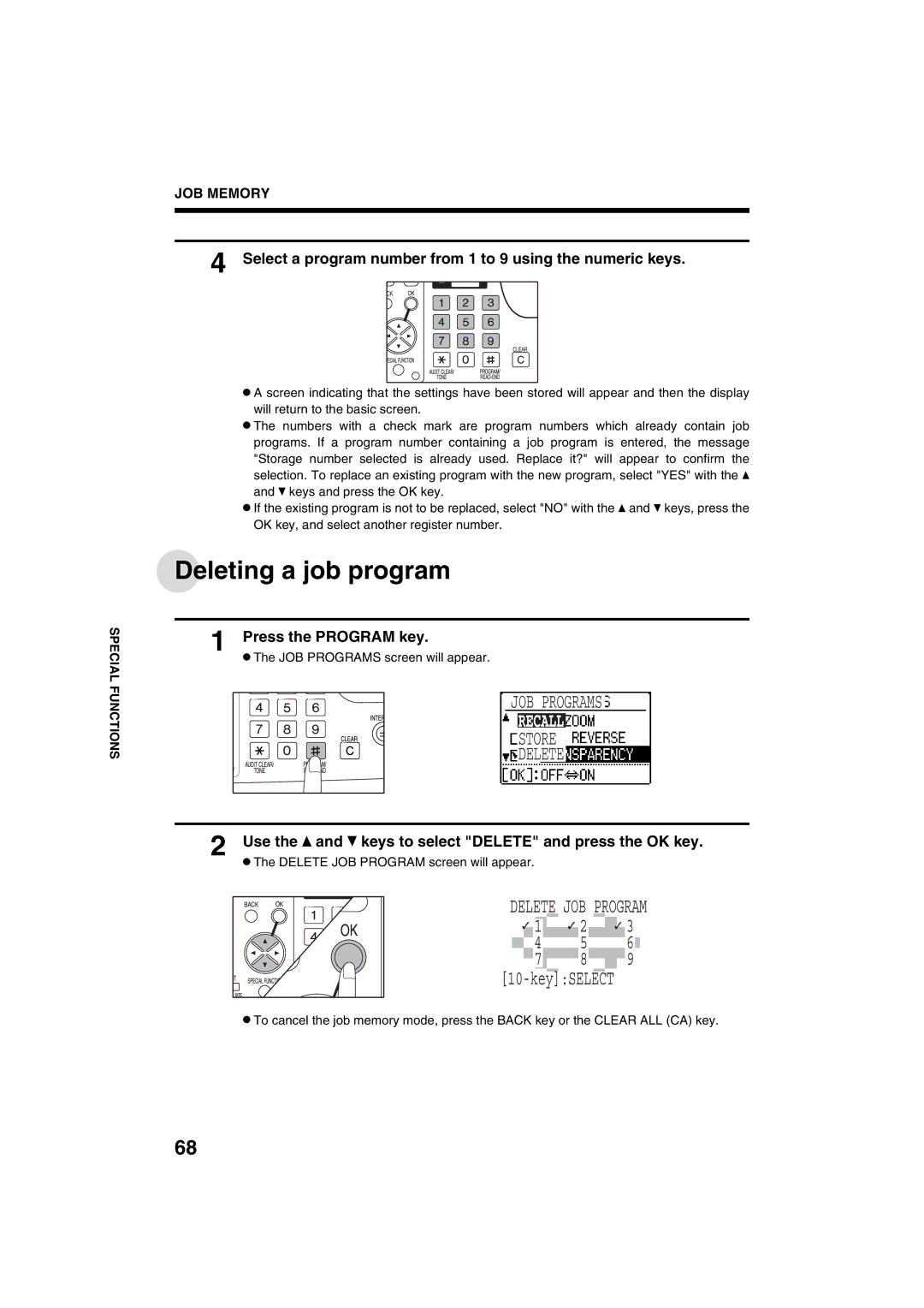 Sharp AR-M208 operation manual Deleting a job program, JOB Programs, Store Delete, Delete JOB Program 