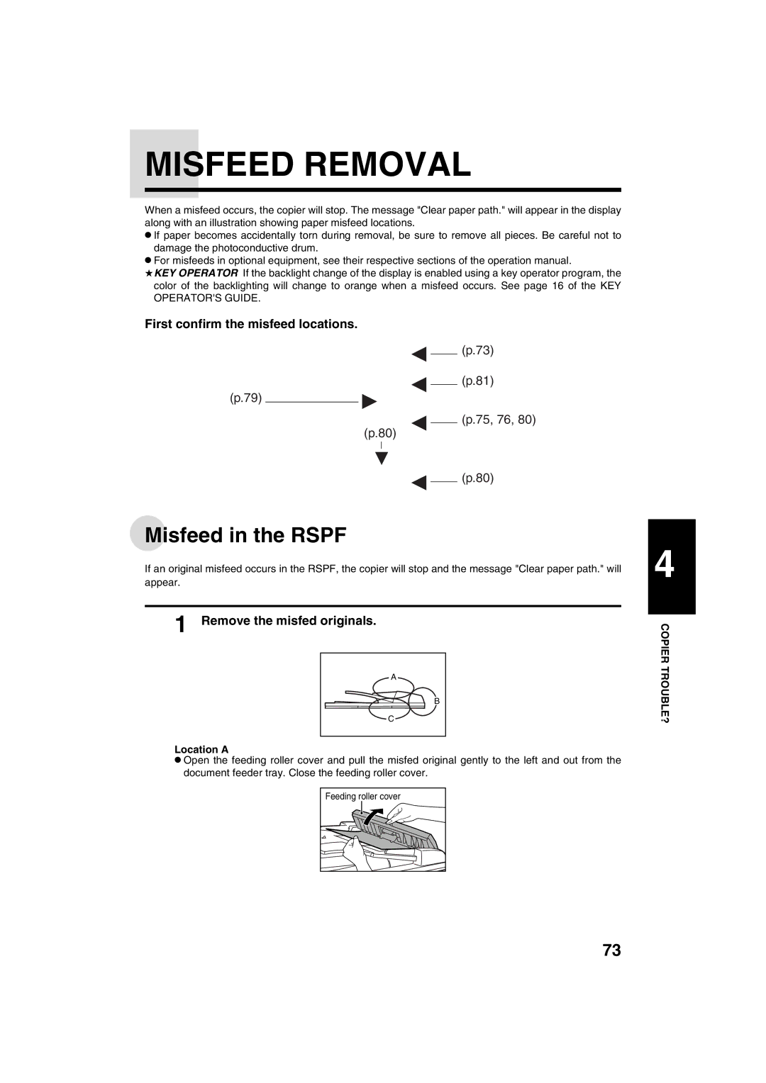 Sharp AR-M208 Misfeed Removal, Misfeed in the Rspf, First confirm the misfeed locations, Remove the misfed originals 