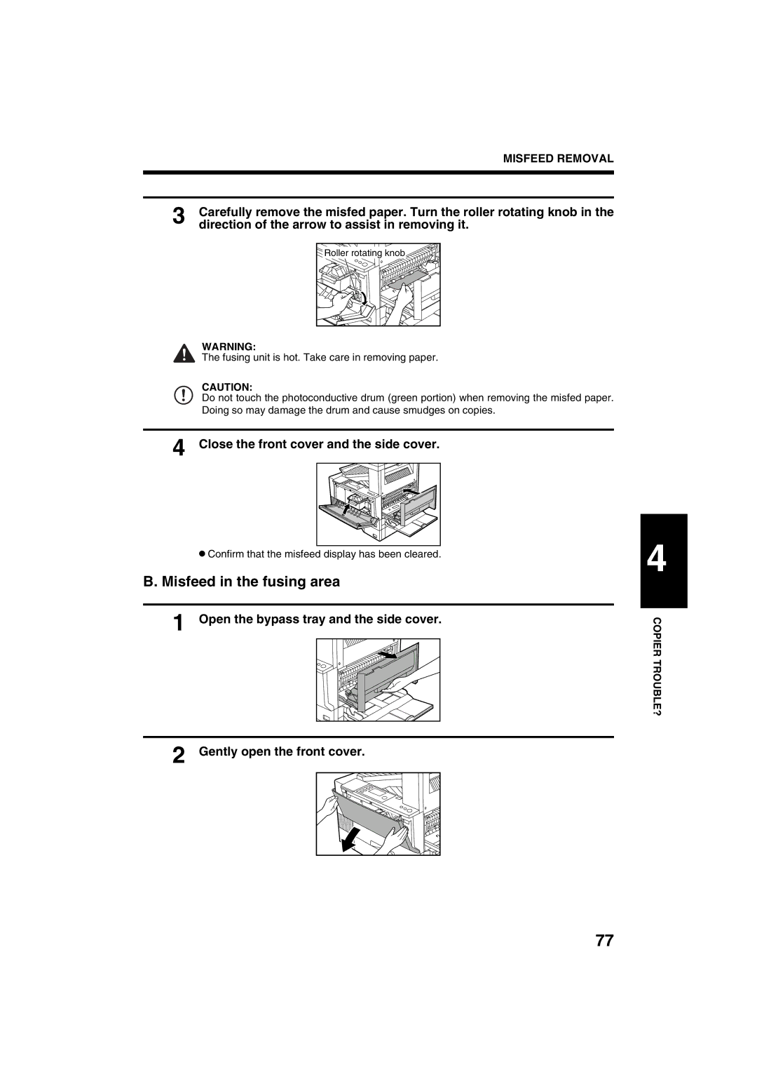 Sharp AR-M208 operation manual Misfeed in the fusing area, Direction of the arrow to assist in removing it 