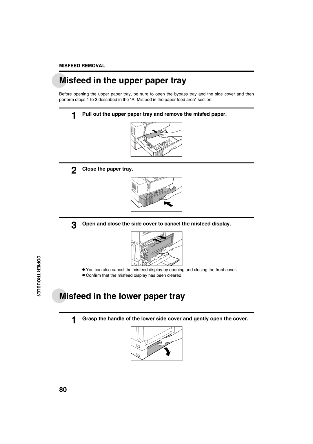 Sharp AR-M208 operation manual Misfeed in the upper paper tray, Misfeed in the lower paper tray 