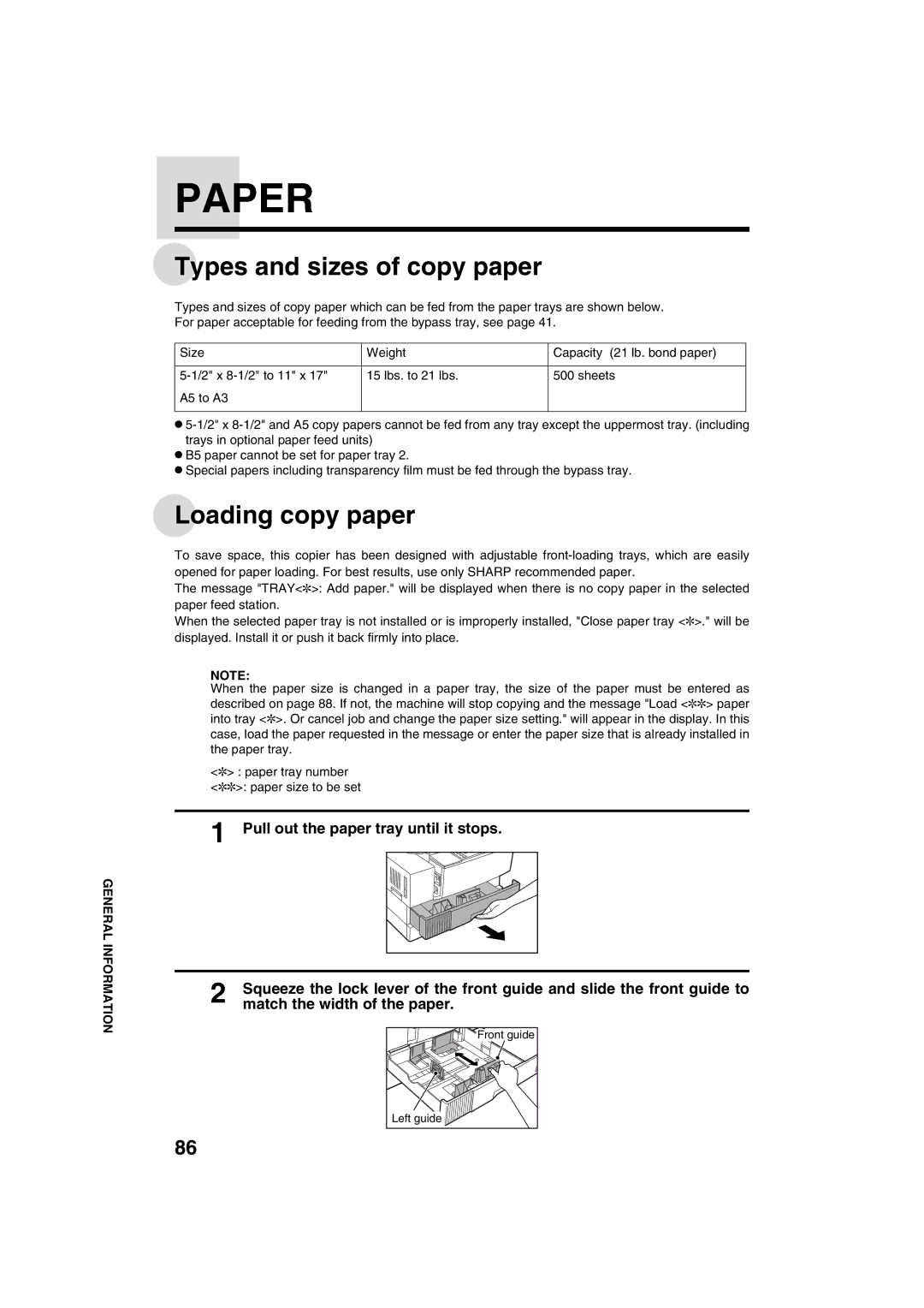 Sharp AR-M208 operation manual Paper, Types and sizes of copy paper, Loading copy paper 