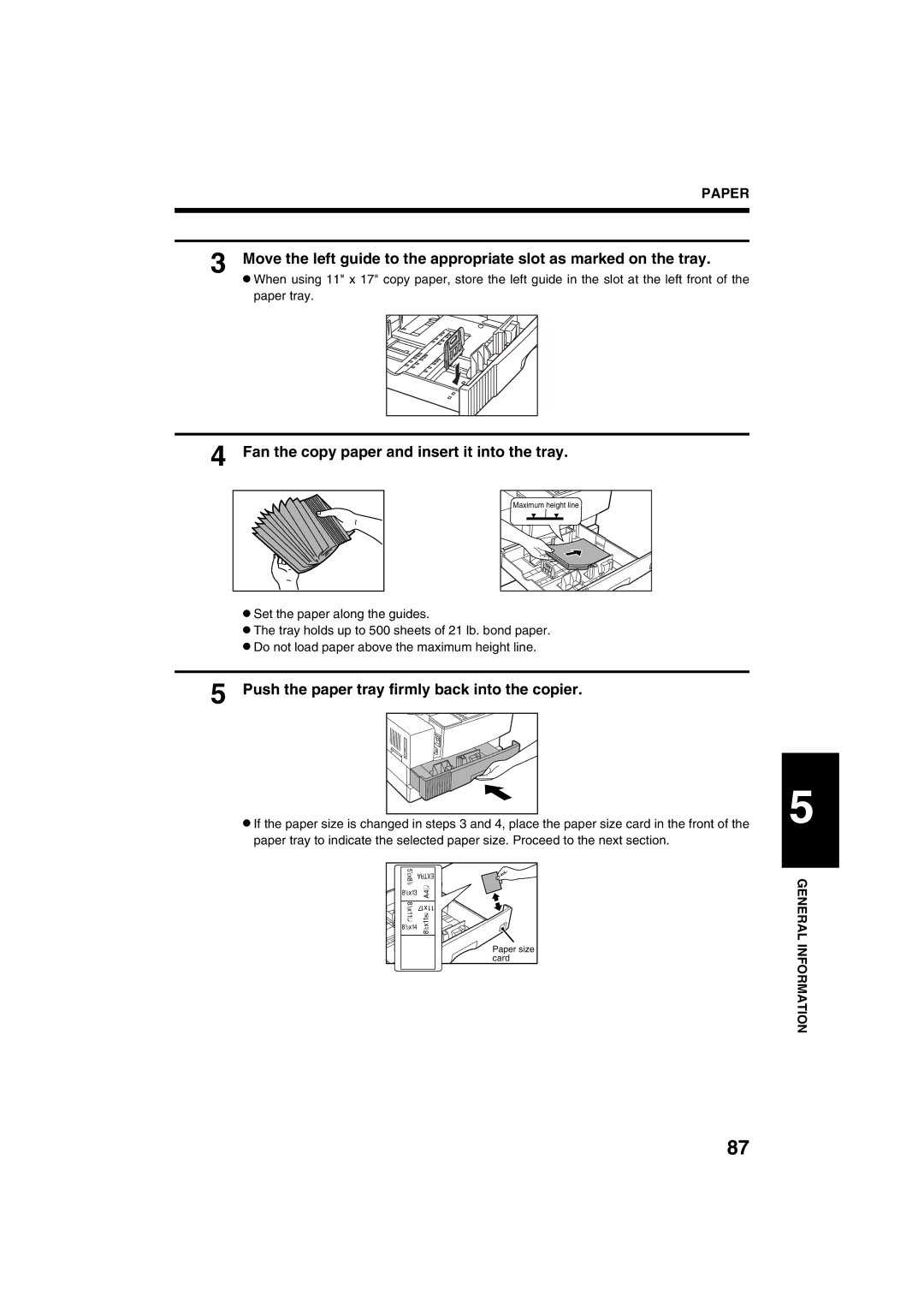 Sharp AR-M208 Fan the copy paper and insert it into the tray, Push the paper tray firmly back into the copier 