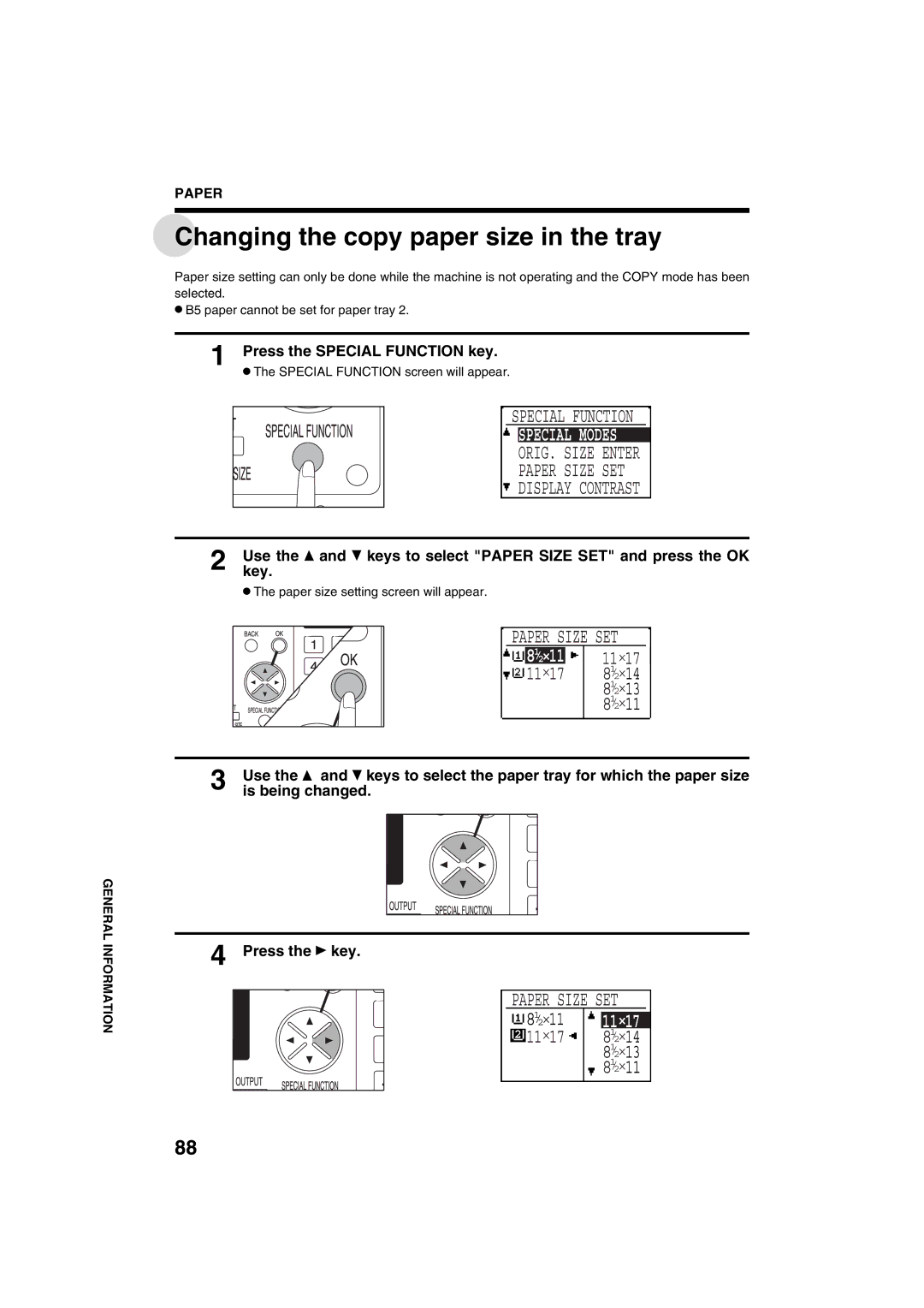 Sharp AR-M208 Changing the copy paper size in the tray, Special Function, ORIG. Size Enter Paper Size SET Display Contrast 