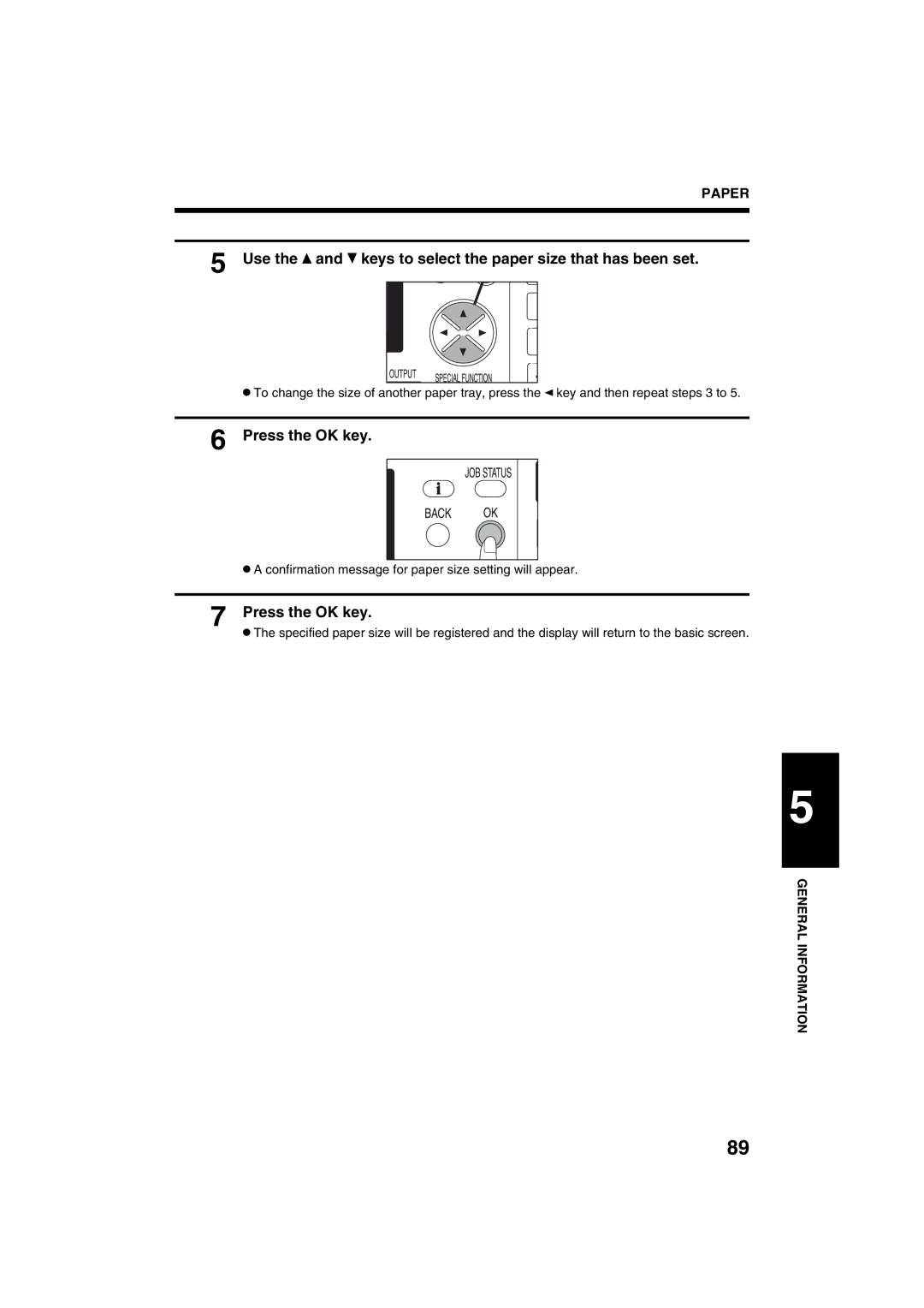 Sharp AR-M208 operation manual Use the and keys to select the paper size that has been set, Press the OK key 