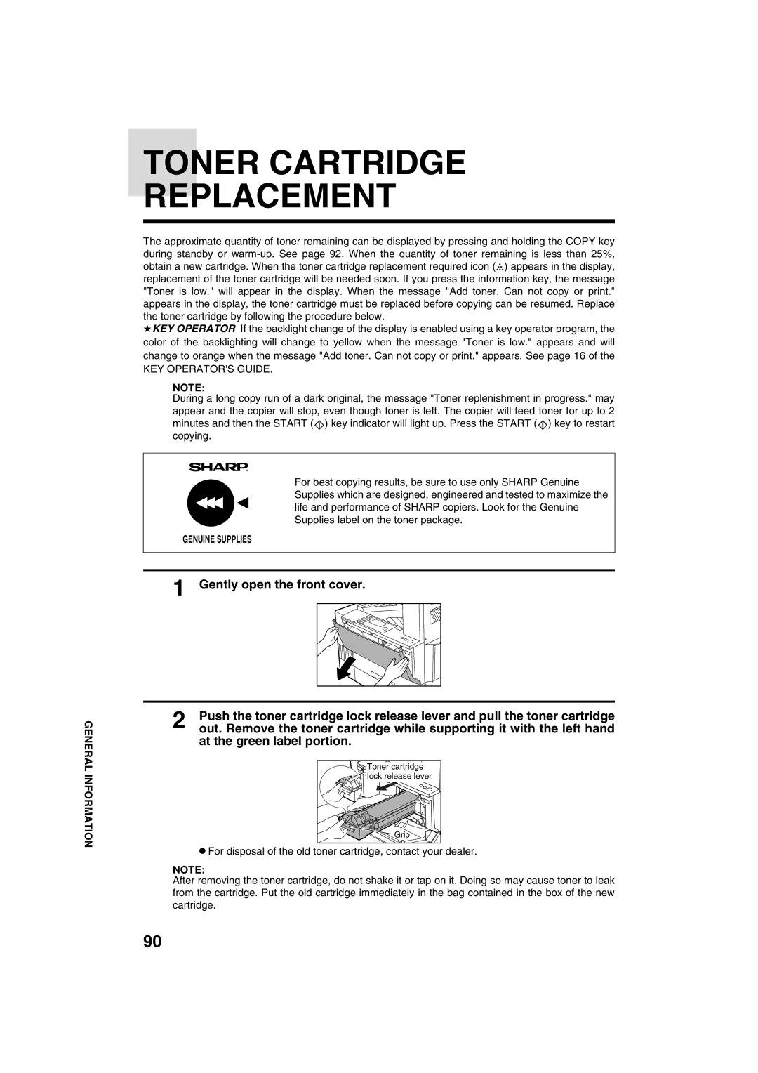 Sharp AR-M208 operation manual Toner Cartridge Replacement, At the green label portion 