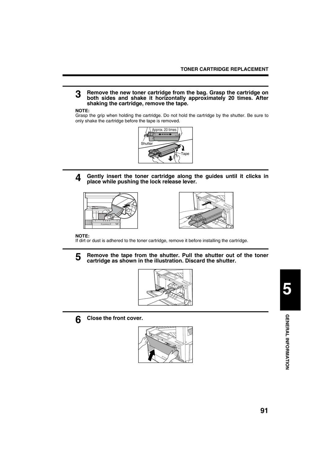 Sharp AR-M208 Shaking the cartridge, remove the tape, Cartridge as shown in the illustration. Discard the shutter 