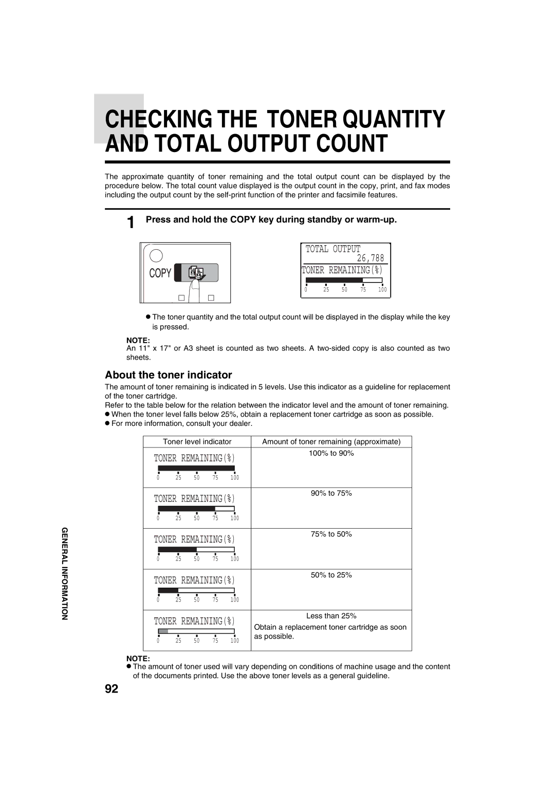 Sharp AR-M208 Toner REMAINING%, About the toner indicator, Press and hold the Copy key during standby or warm-up 