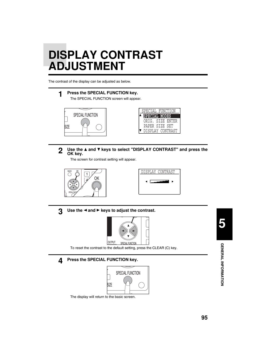 Sharp AR-M208 operation manual Display Contrast Adjustment, Use the and keys to select Display Contrast and press 