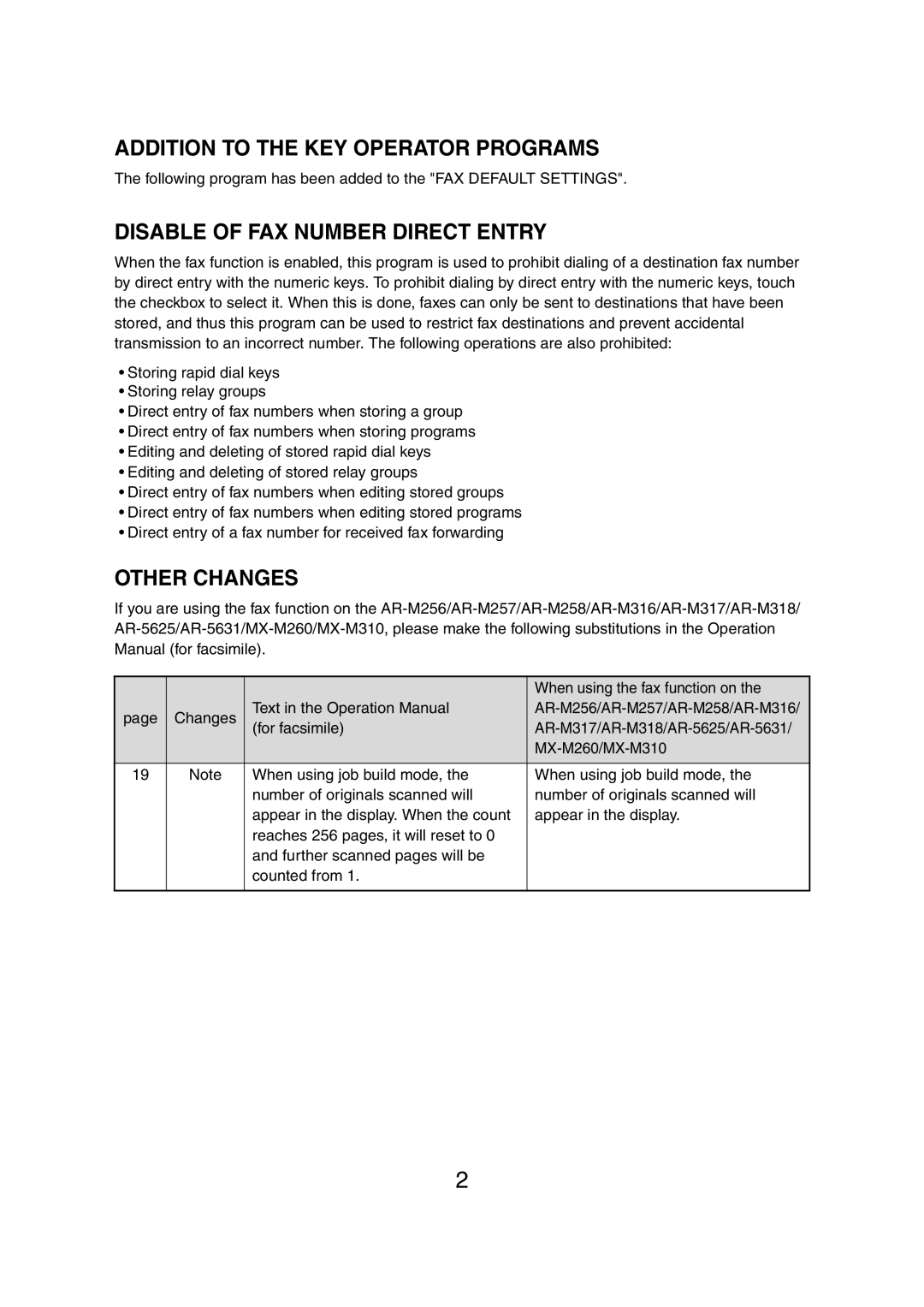 Sharp AR-M257 operation manual Addition to the KEY Operator Programs, Disable of FAX Number Direct Entry, Other Changes 