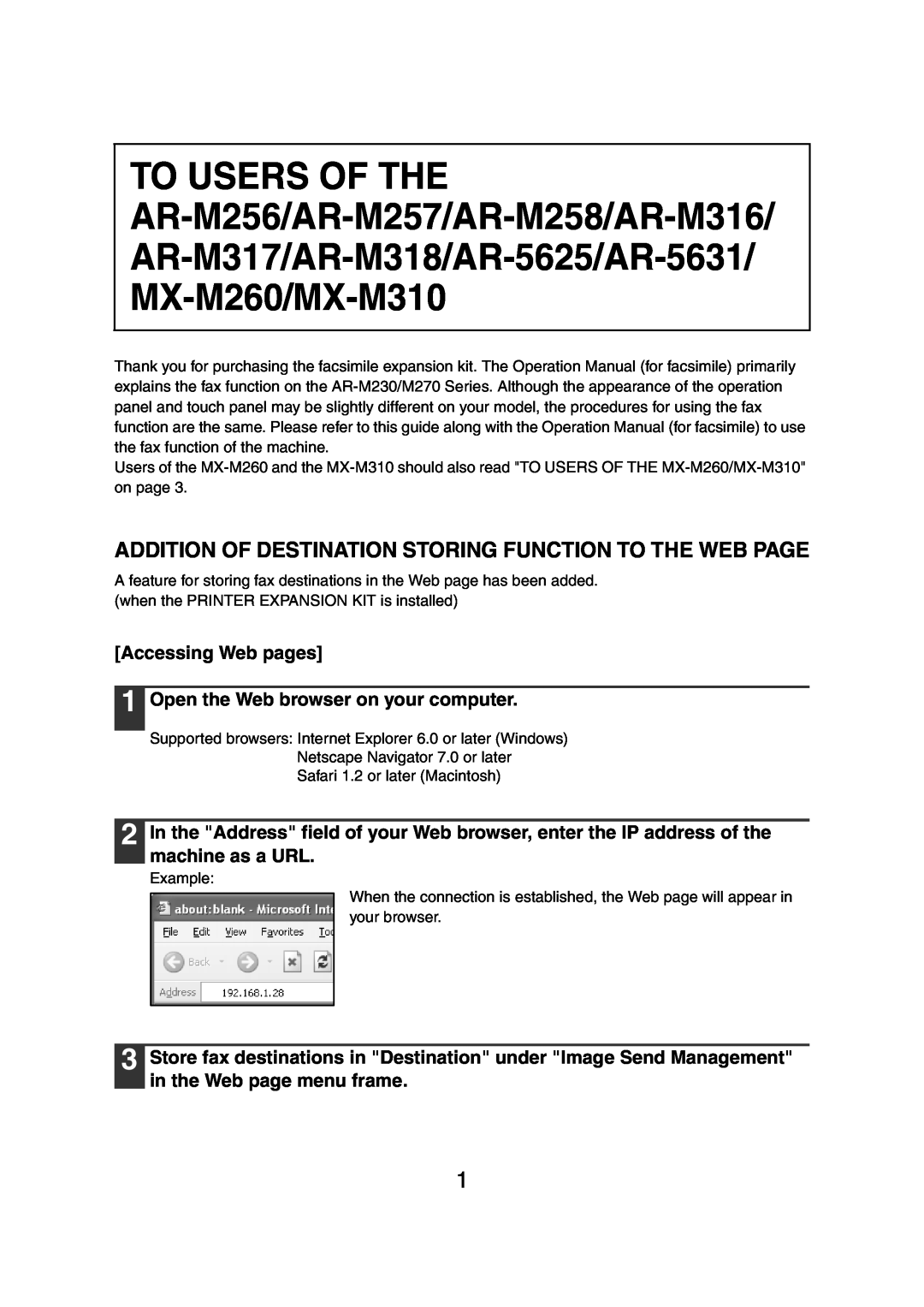 Sharp AR-M257 operation manual Addition Of Destination Storing Function To The Web Page 
