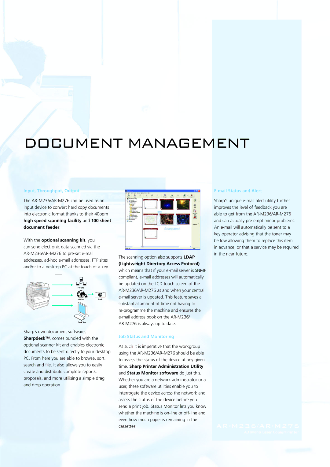 Sharp AR-M276 Document Management, Input, Throughput, Output, Lightweight Directory Access Protocol, Mail Status and Alert 