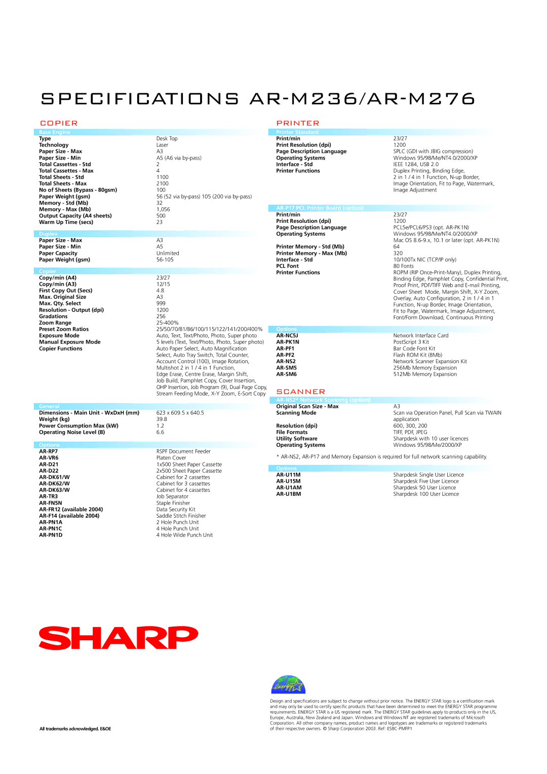 Sharp manual Specifications AR-M236/AR-M276 