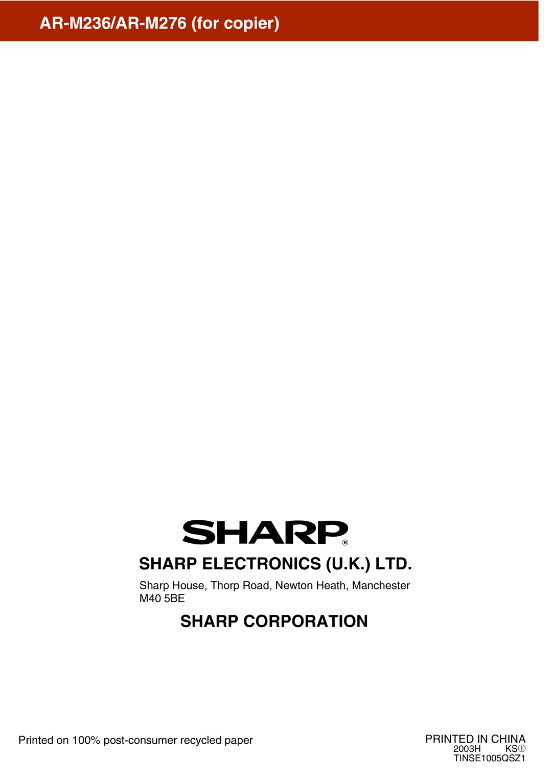 Sharp AR-M276, AR-M236 operation manual 2003H KS ➀ 