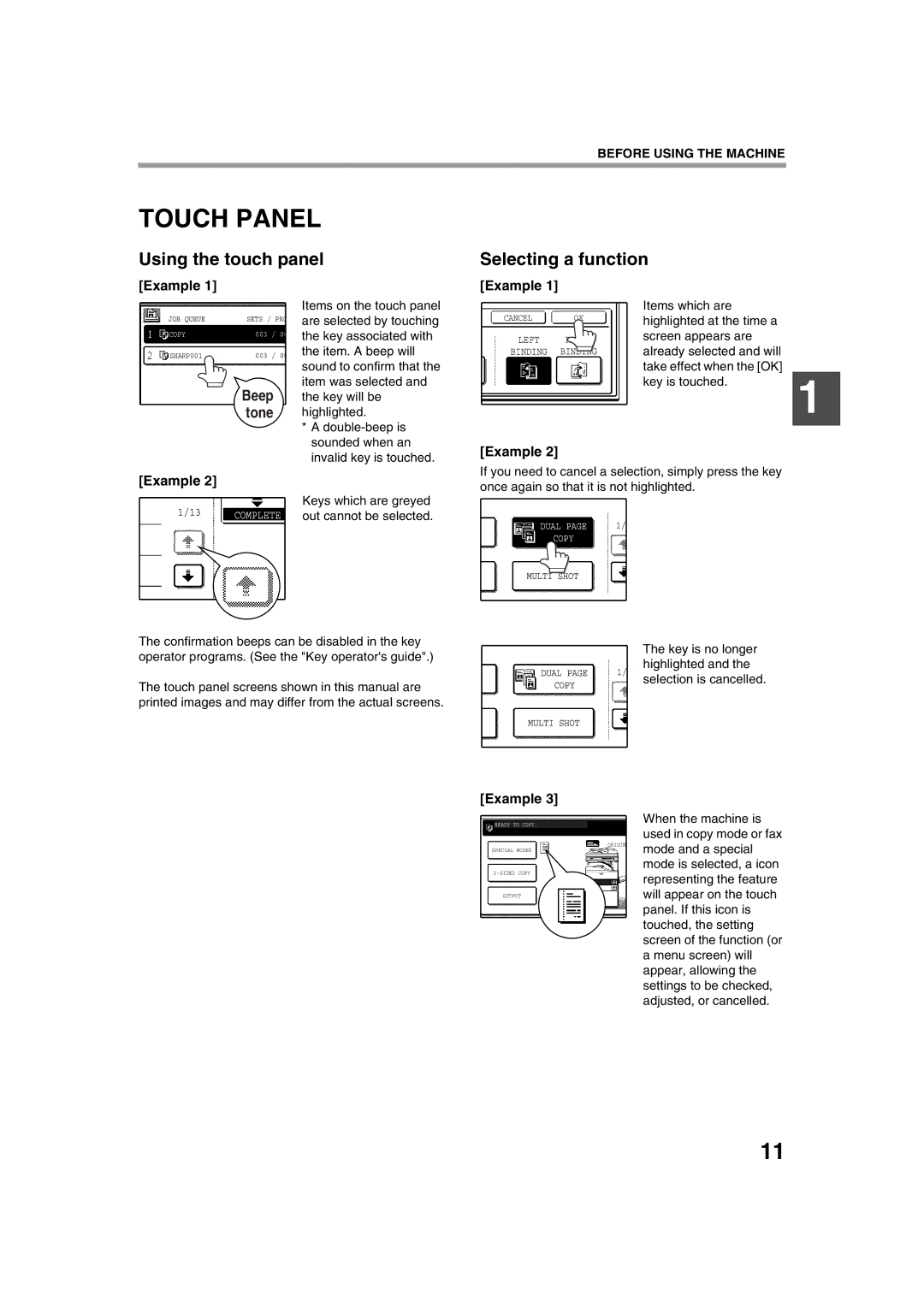 Sharp AR-M236, AR-M276 operation manual Touch Panel, Using the touch panel Selecting a function, Example, Beep tone 