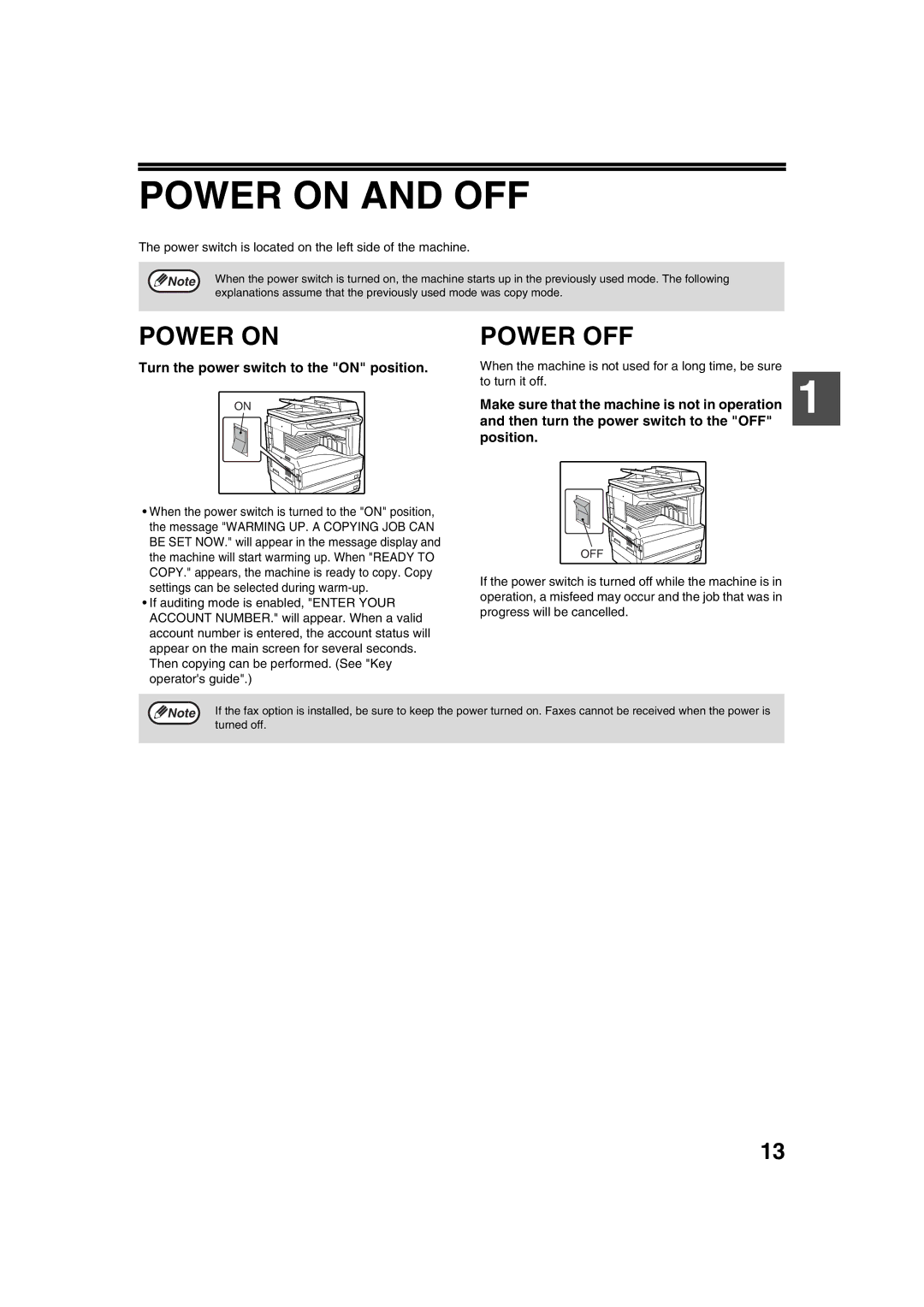 Sharp AR-M236, AR-M276 operation manual Power on and OFF, Power OFF, Turn the power switch to the on position 