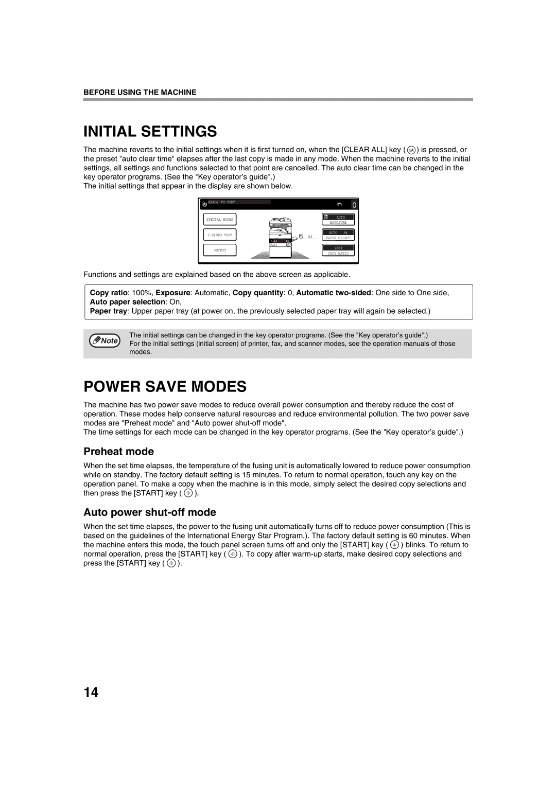 Sharp AR-M276, AR-M236 operation manual Initial Settings, Power Save Modes, Preheat mode, Auto power shut-off mode 