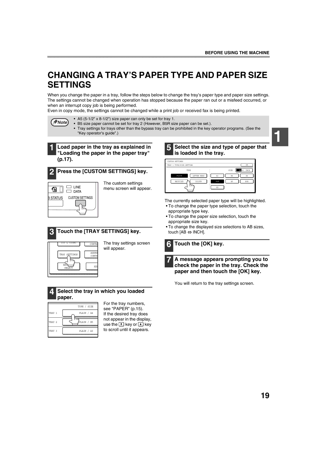 Sharp AR-M236, AR-M276 operation manual Changing a TRAY’S Paper Type and Paper Size Settings, Touch the Tray Settings key 