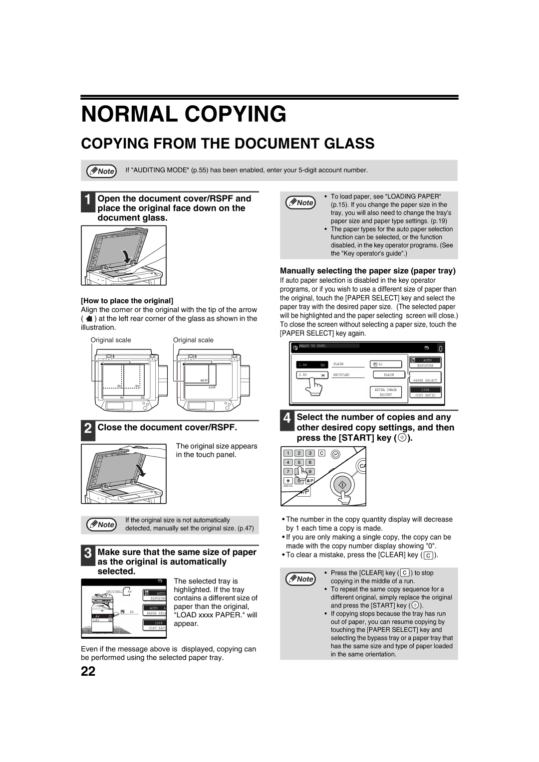 Sharp AR-M276 Normal Copying, Copying from the Document Glass, Close the document cover/RSPF, How to place the original 