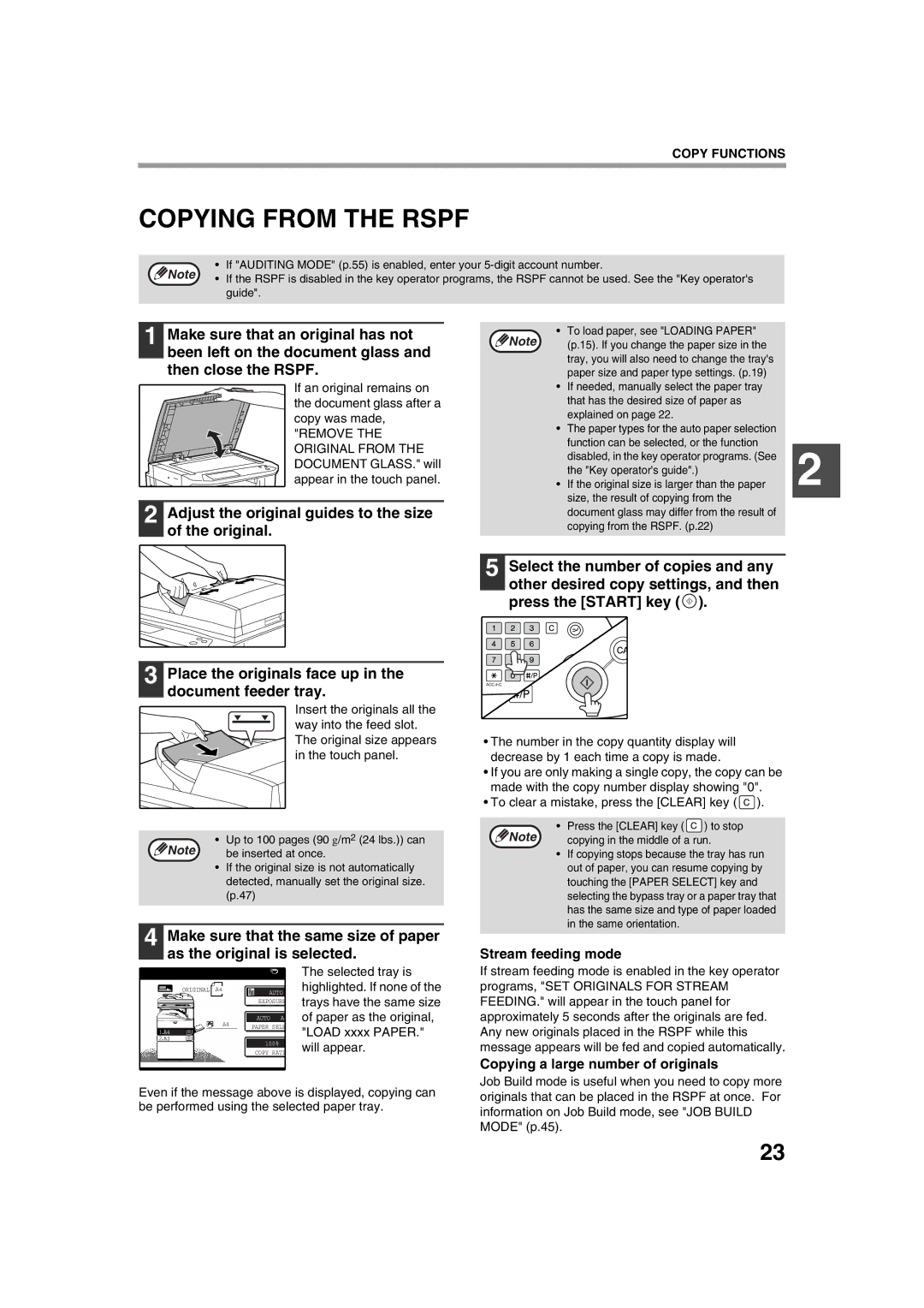 Sharp AR-M236, AR-M276 Copying from the Rspf, Adjust the original guides to the size of the original, Stream feeding mode 