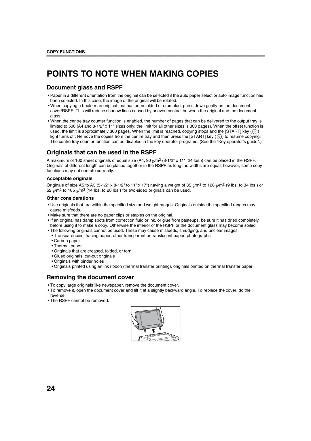 Sharp AR-M276, AR-M236 Points to Note When Making Copies, Document glass and Rspf, Originals that can be used in the Rspf 