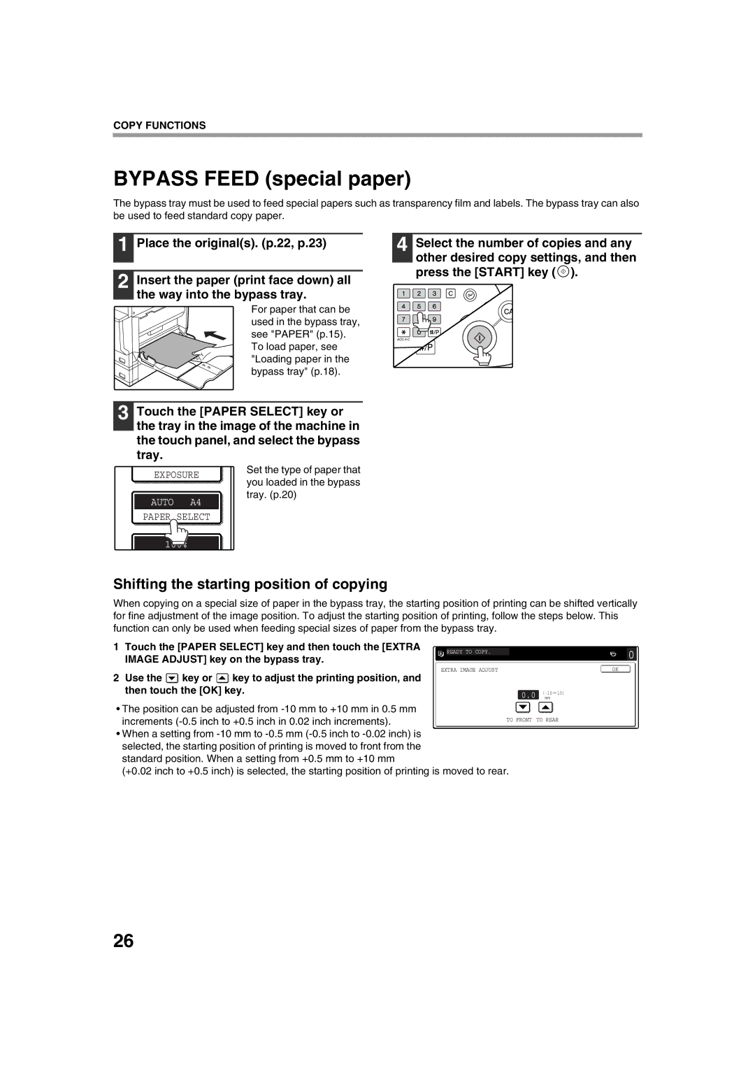 Sharp AR-M276 Shifting the starting position of copying, Set the type of paper that, You loaded in the bypass, Tray. p.20 