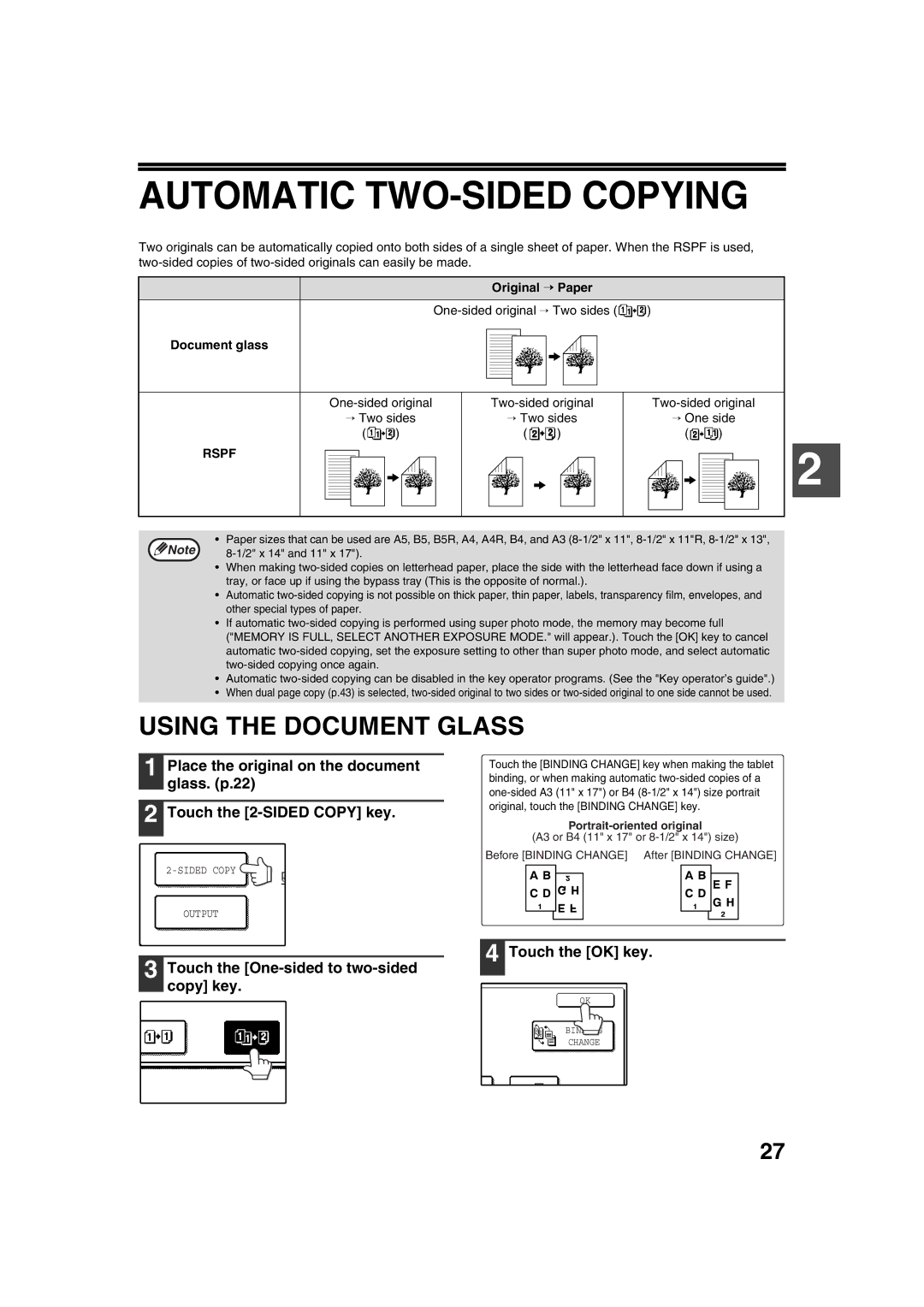 Sharp AR-M236, AR-M276 Automatic TWO-SIDED Copying, Using the Document Glass, Touch the One-sided to two-sided copy key 