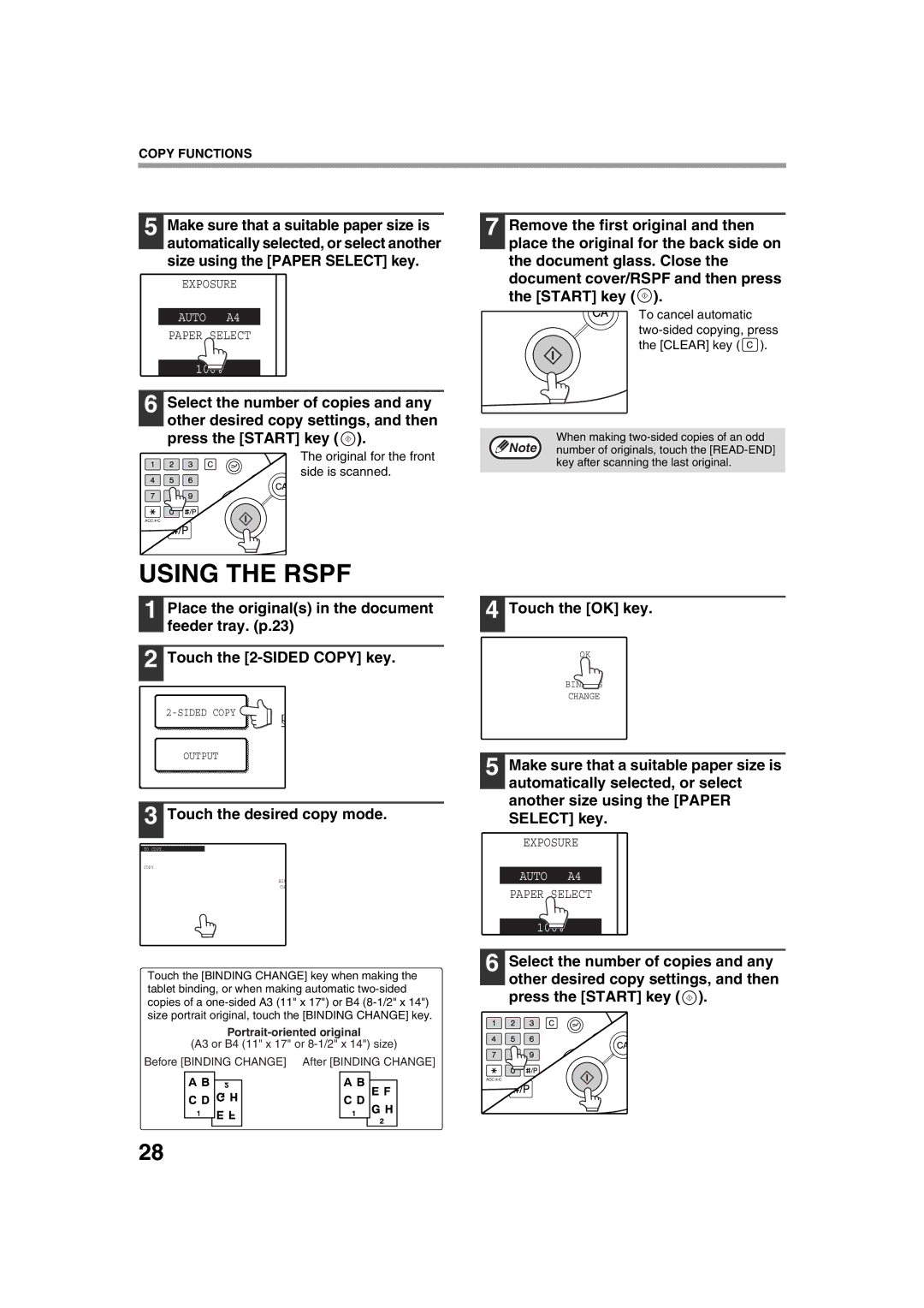 Sharp AR-M276, AR-M236 operation manual Using the Rspf, Touch the desired copy mode, Original for the front side is scanned 