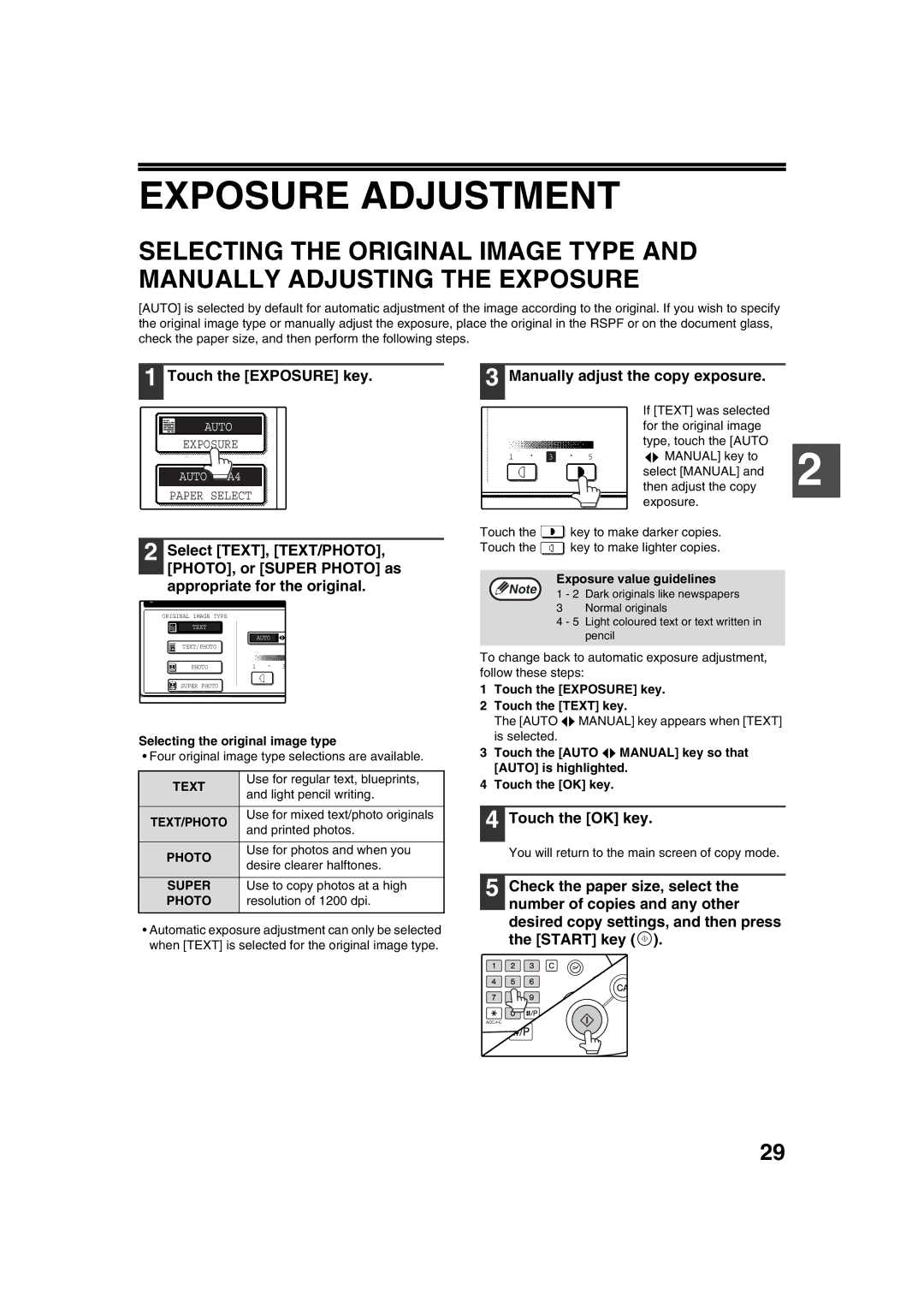 Sharp AR-M236 Exposure Adjustment, Touch the Exposure key Manually adjust the copy exposure, Exposure value guidelines 