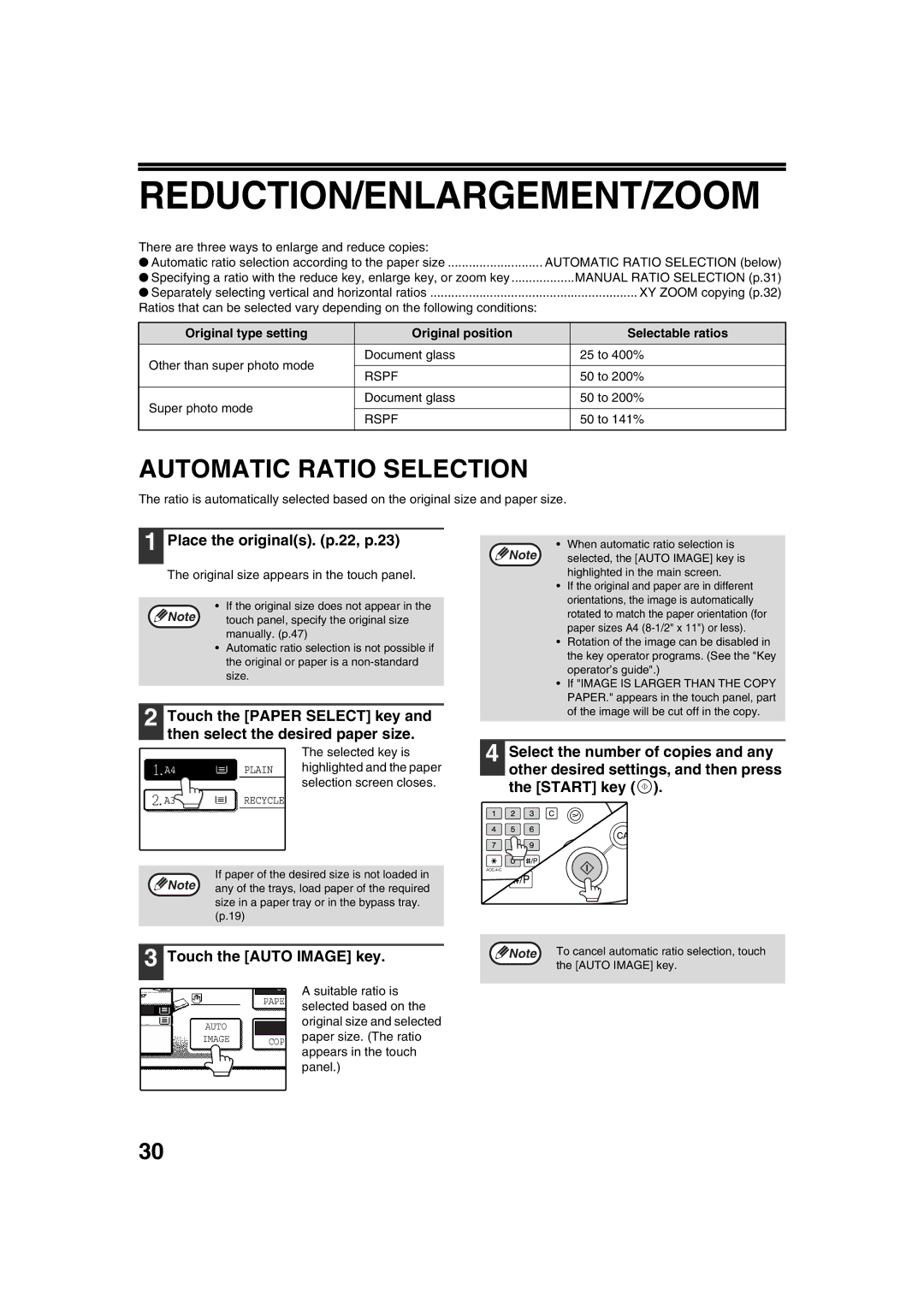 Sharp AR-M276, AR-M236 Reduction/Enlargement/Zoom, Automatic Ratio Selection, Place the originals. p.22, p.23 