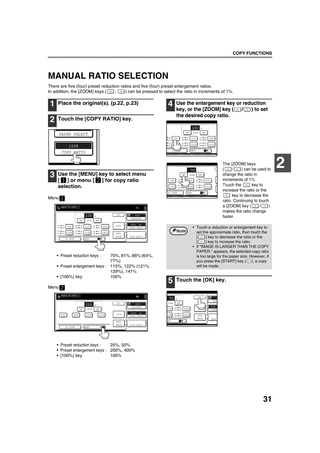 Sharp AR-M236, AR-M276 operation manual Manual Ratio Selection, Place the originals. p.22, p.23 Touch the Copy Ratio key 