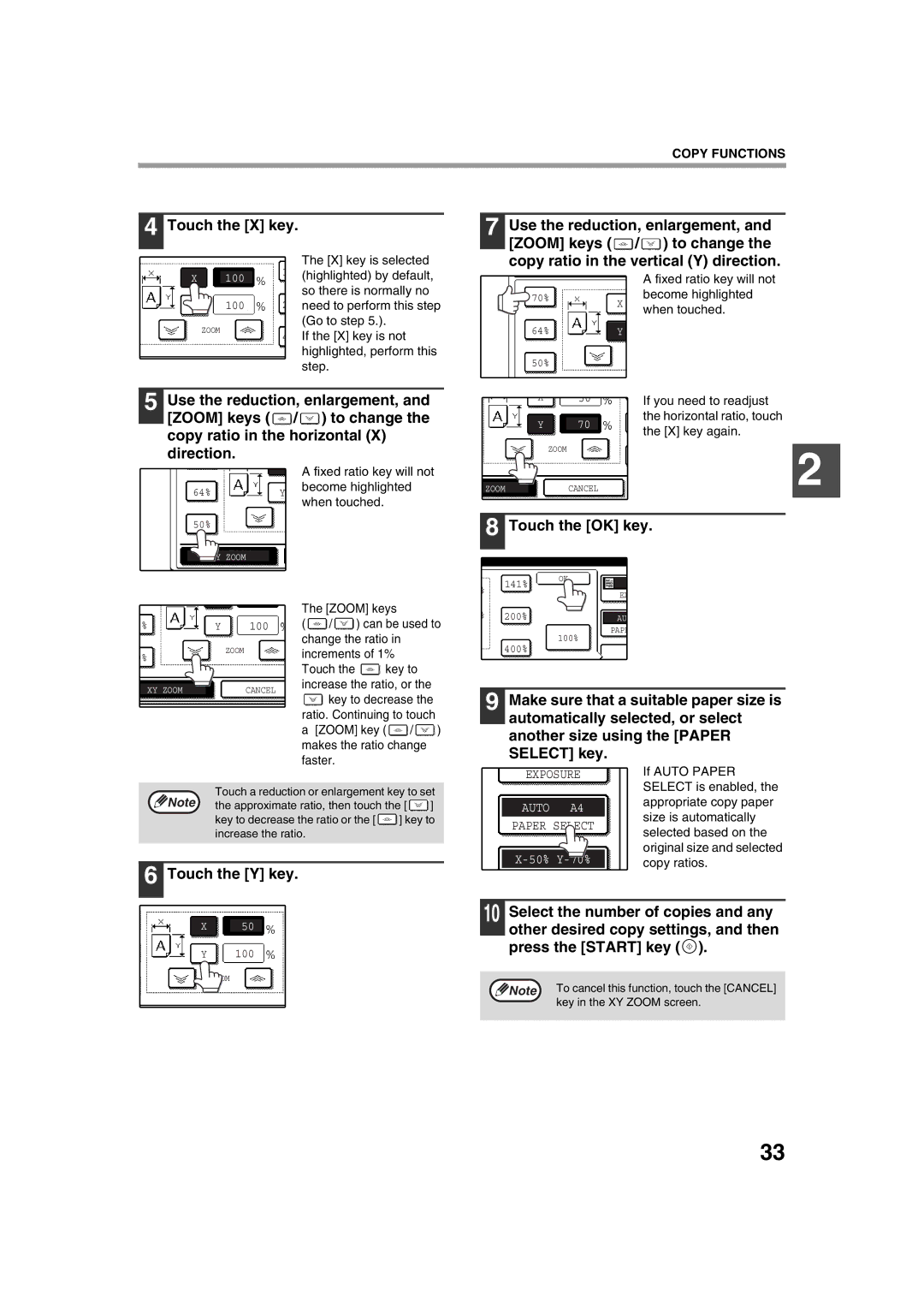 Sharp AR-M236 Copy ratio in the vertical Y direction, Zoom keys To change, Copy ratio in the horizontal, Direction 