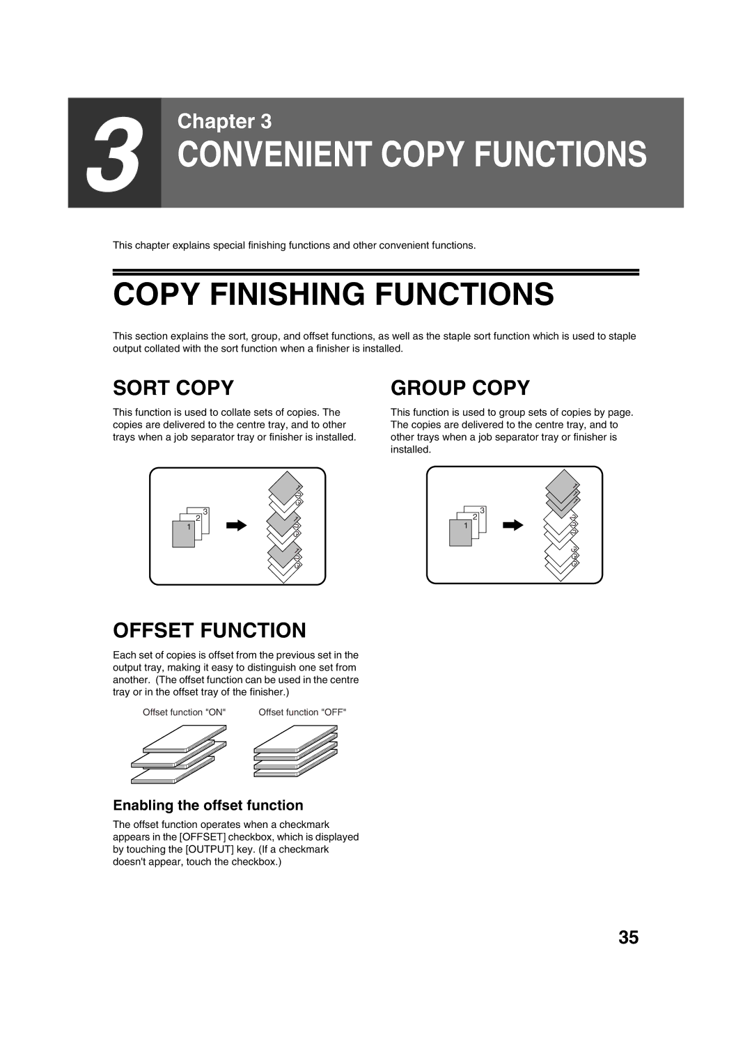 Sharp AR-M236, AR-M276 Copy Finishing Functions, Sort Copy, Group Copy, Offset Function, Enabling the offset function 