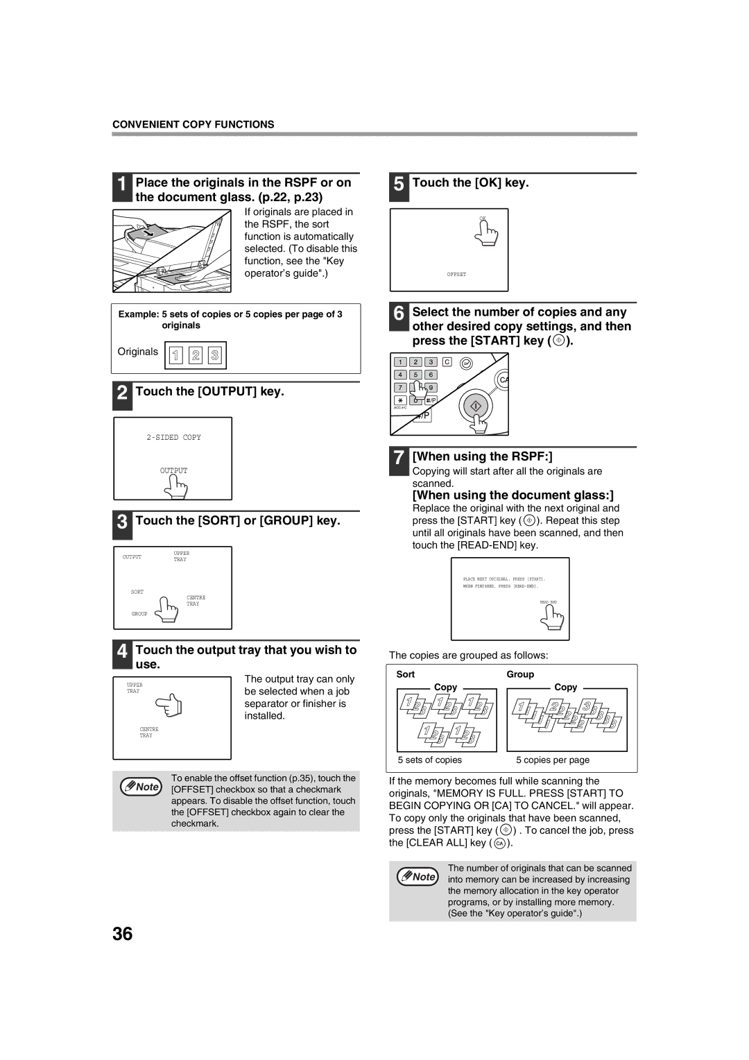 Sharp AR-M276 Touch the Output key, Touch the Sort or Group key, When using the Rspf, When using the document glass 