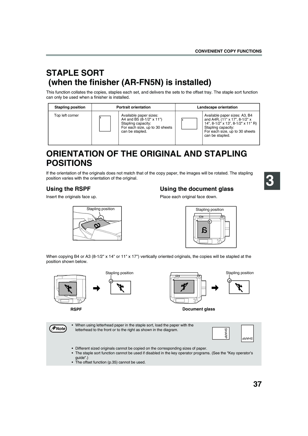 Sharp AR-M236 Staple Sort, Orientation of the Original and Stapling Positions, Using the Rspf Using the document glass 