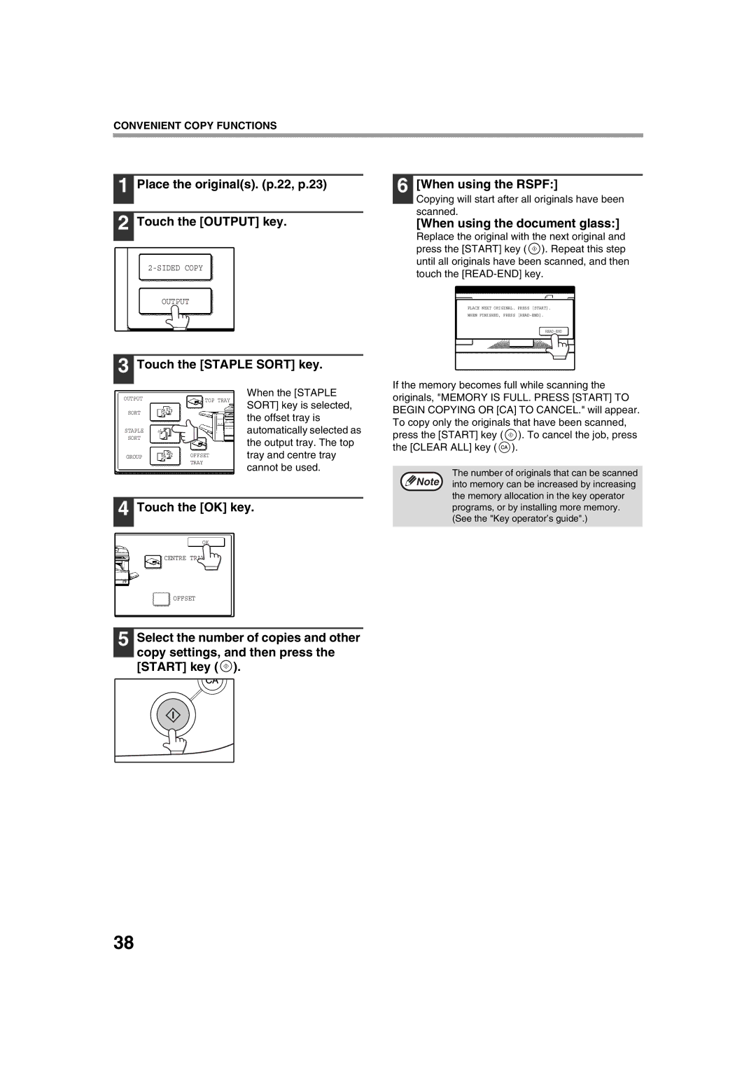 Sharp AR-M276, AR-M236 operation manual Place the originals. p.22, p.23 Touch the Output key, Touch the Staple Sort key 